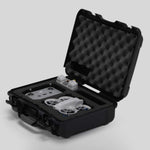 Angled view of Foama black all-weather carry-on case with stylish blue layer insert, holding DJI Neo