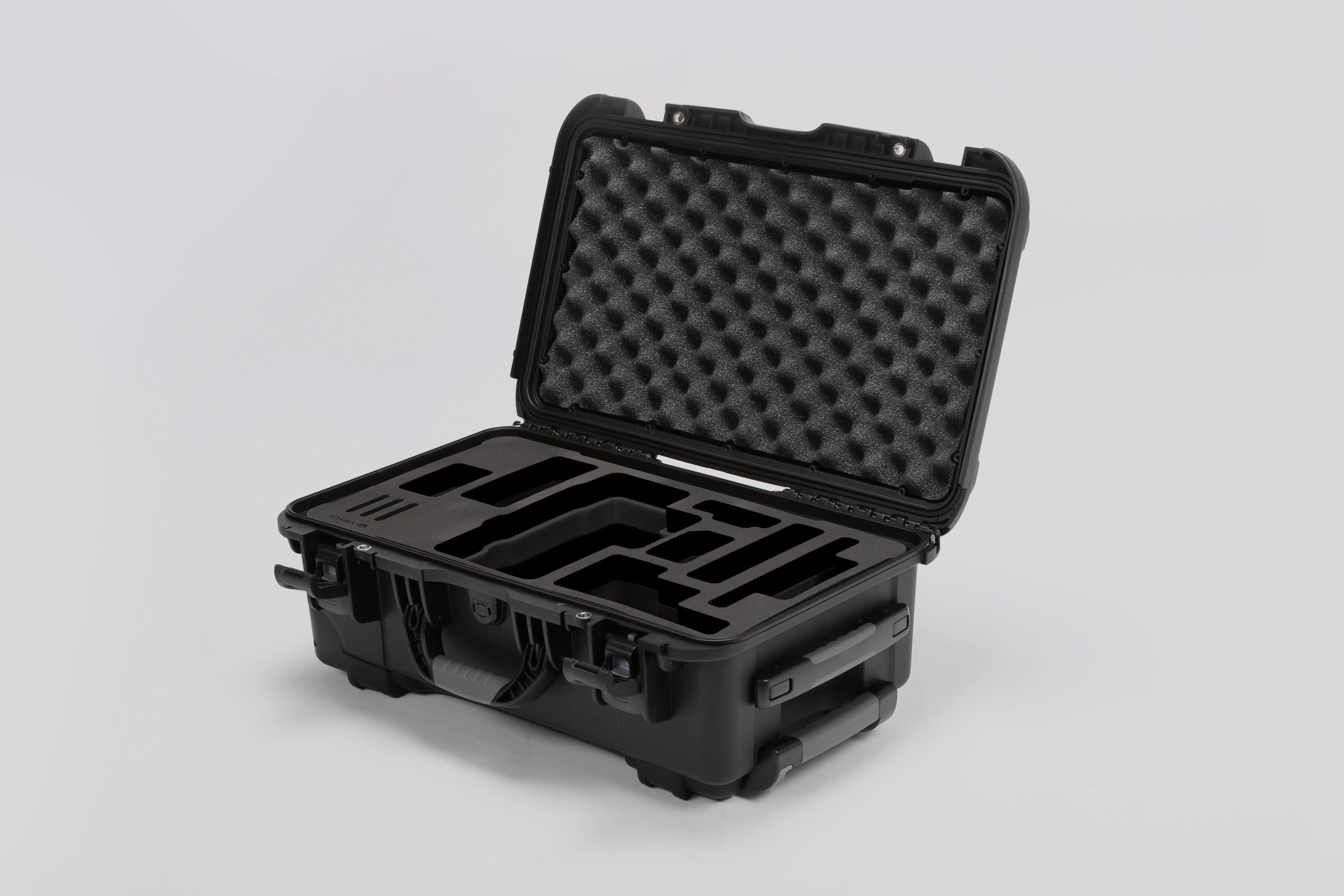 Angled view of Foama Black Color Travel Case and Custom Foam Insert for RED Monstro