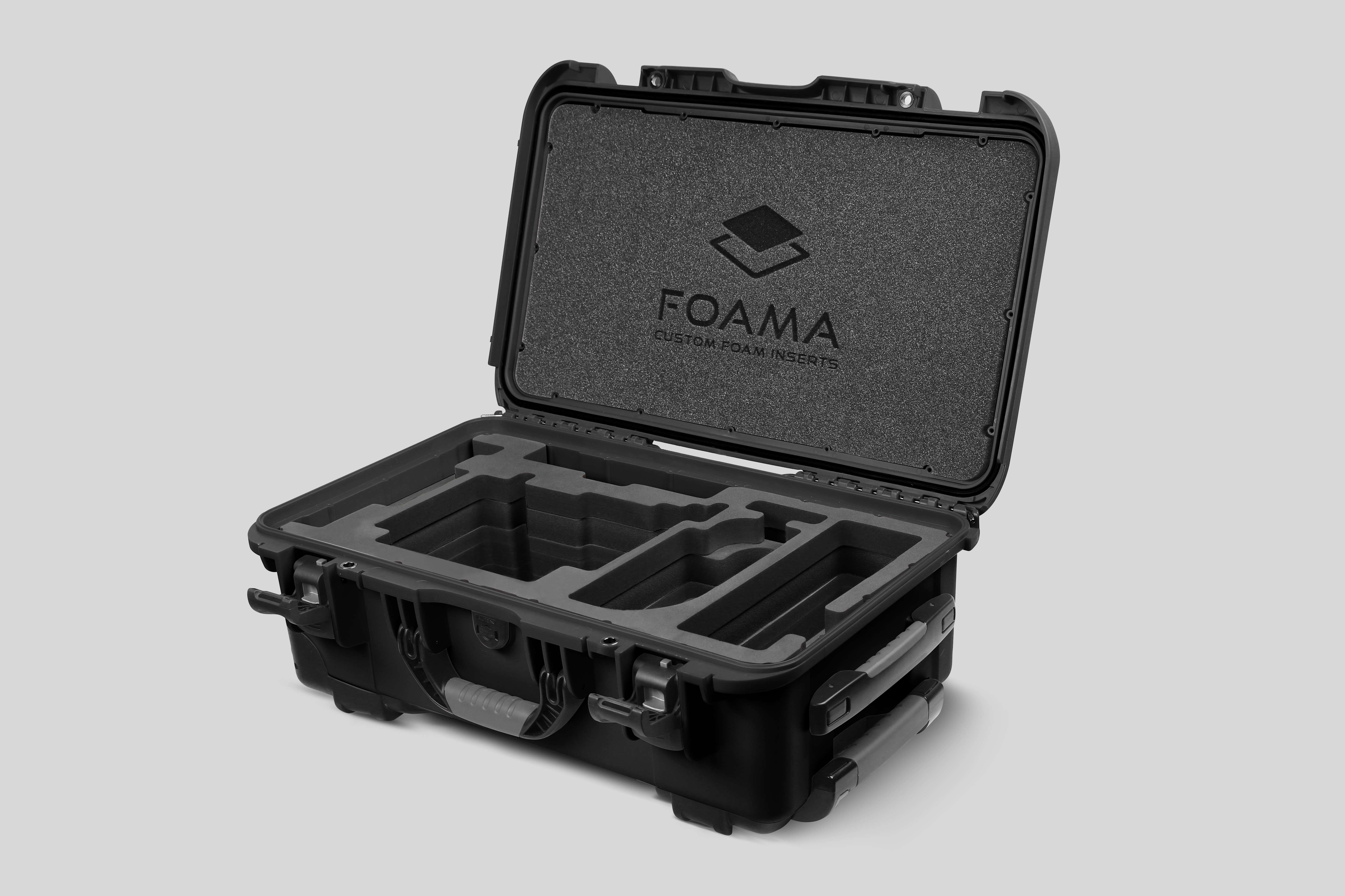 Angled view of Black Color ARRI Alexa 35 Carry-On Case with Black Layer Custom Foam Insert