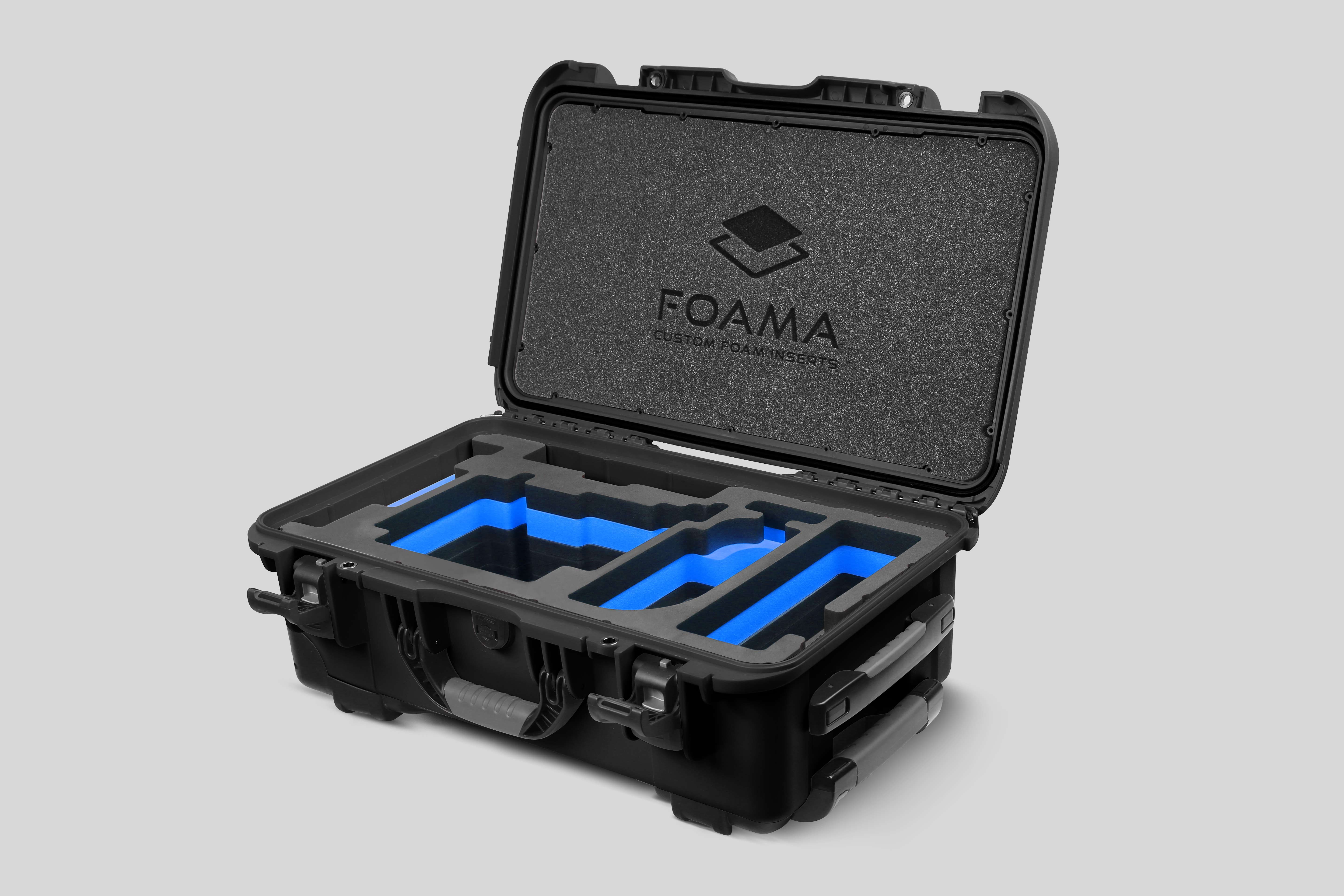 Angled view of Black Color ARRI Alexa 35 Carry-On Case with Blue Layer Custom Foam Insert