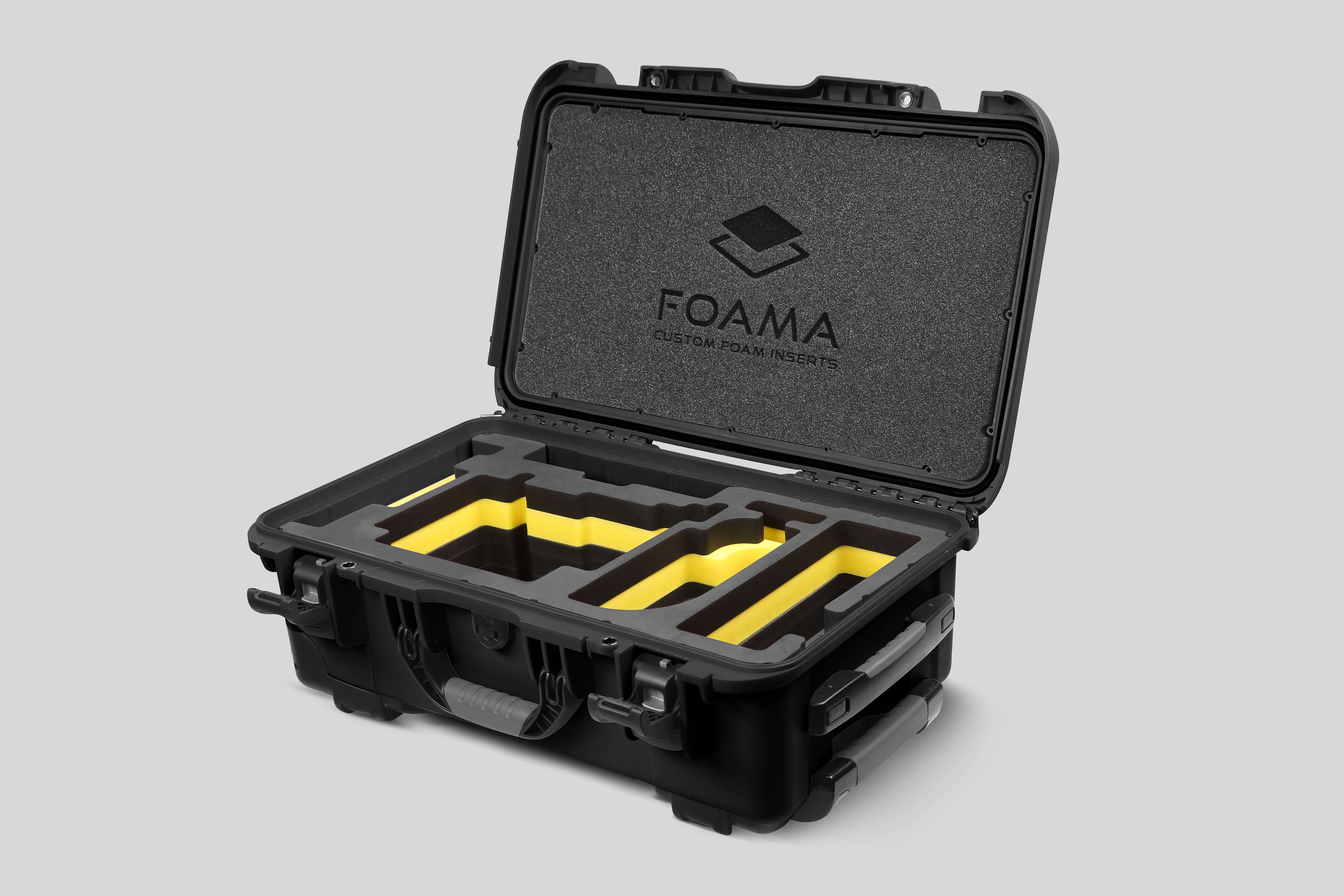 Angled view of Black Color ARRI Alexa 35 Carry-On Case with Yellow Layer Custom Foam Insert