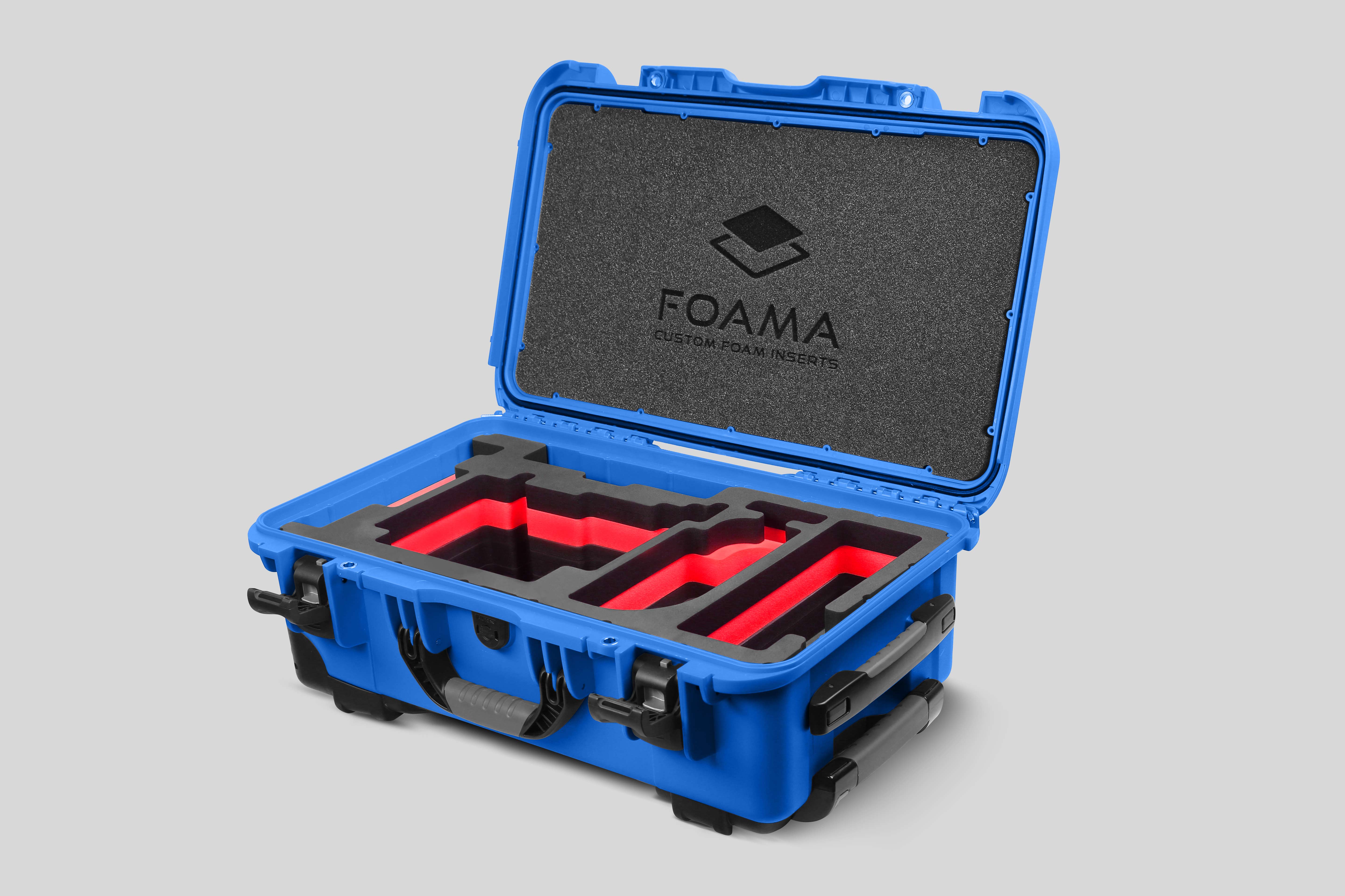 Angled view of Blue Color ARRI Alexa 35 Carry-On Case with Red Layer Custom Foam Insert