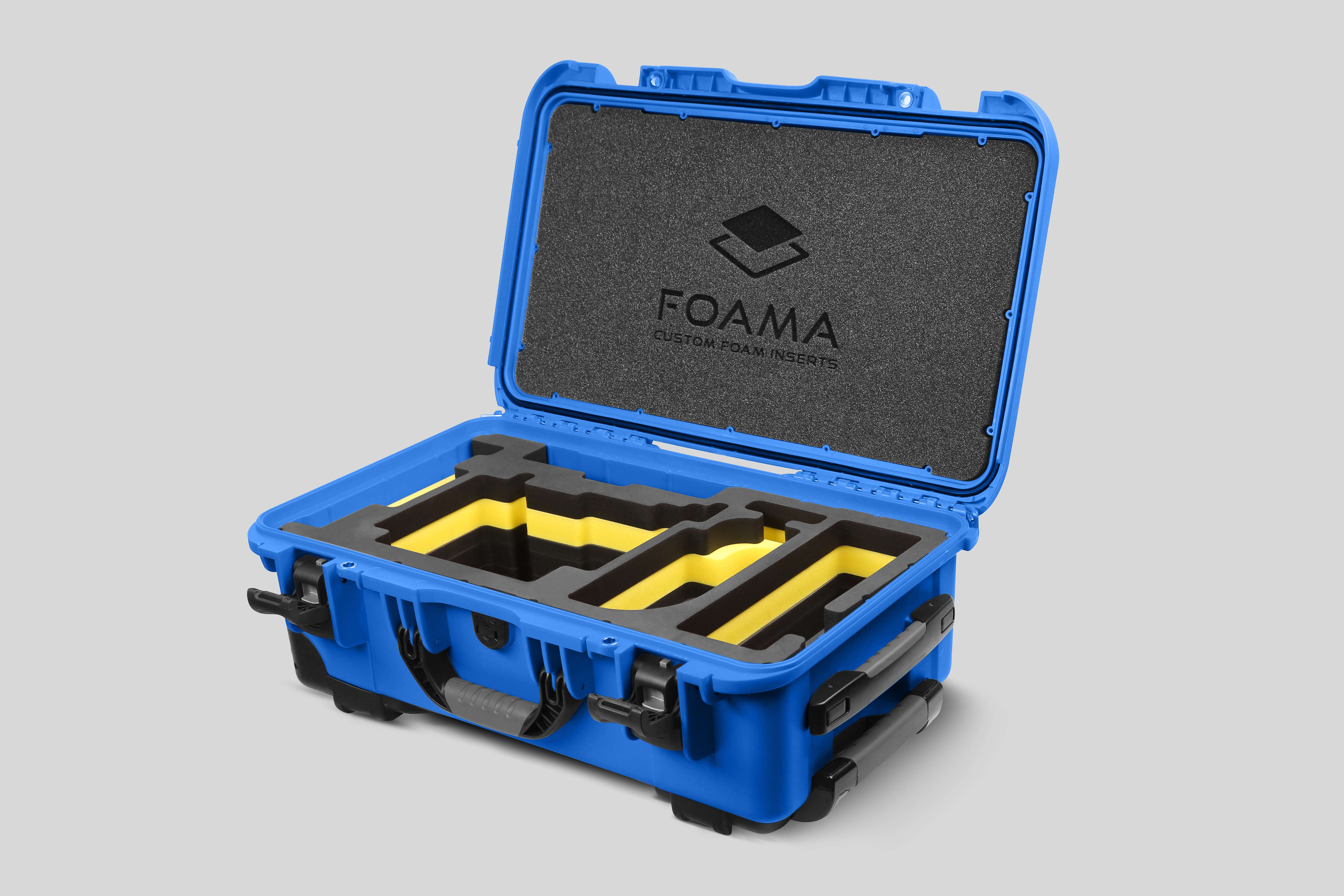 Angled view of Blue Color ARRI Alexa 35 Carry-On Case with Yellow Layer Custom Foam Insert