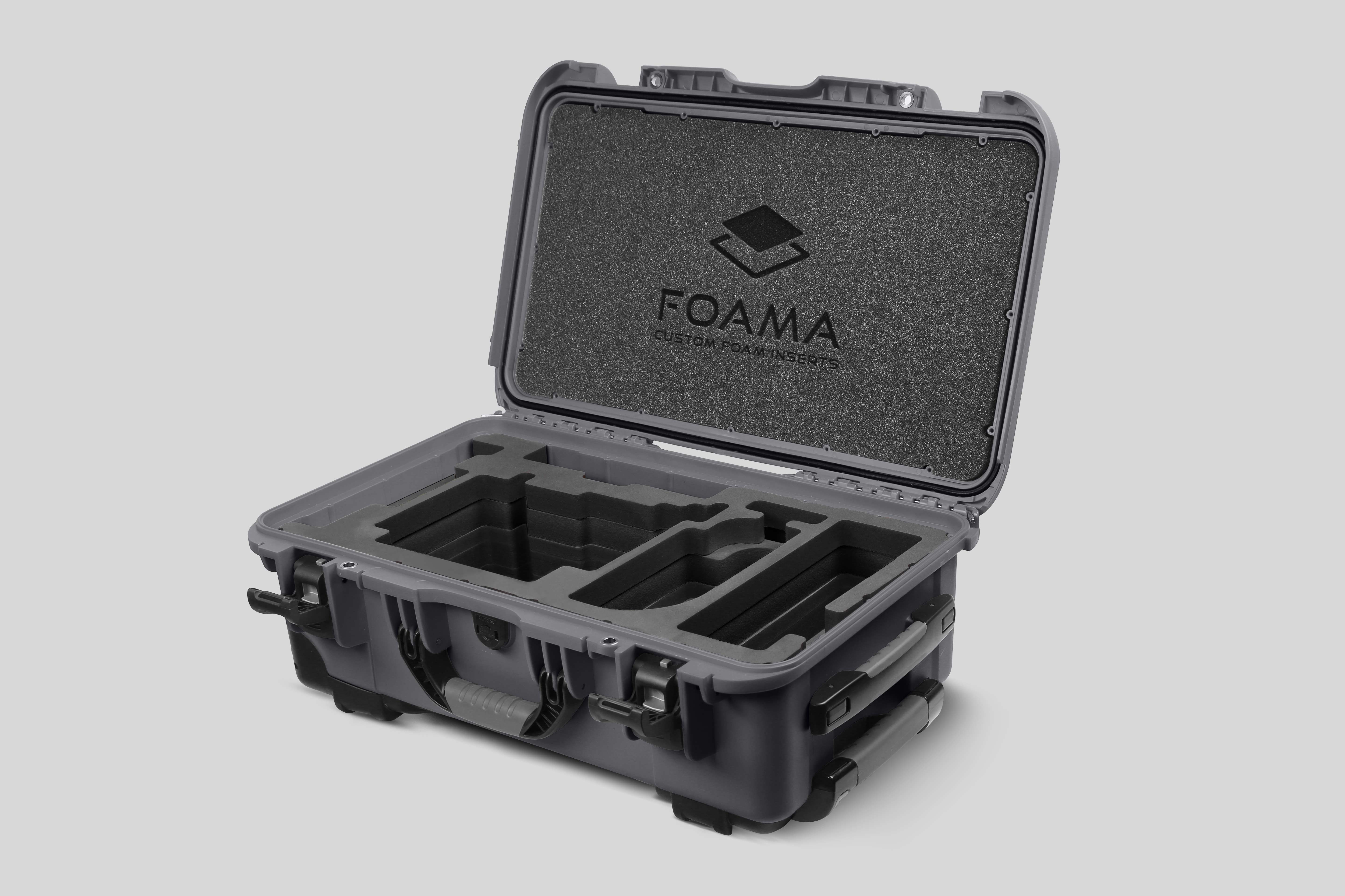 Angled view of Graphite Color ARRI Alexa 35 Carry-On Case with Black Layer Custom Foam Insert