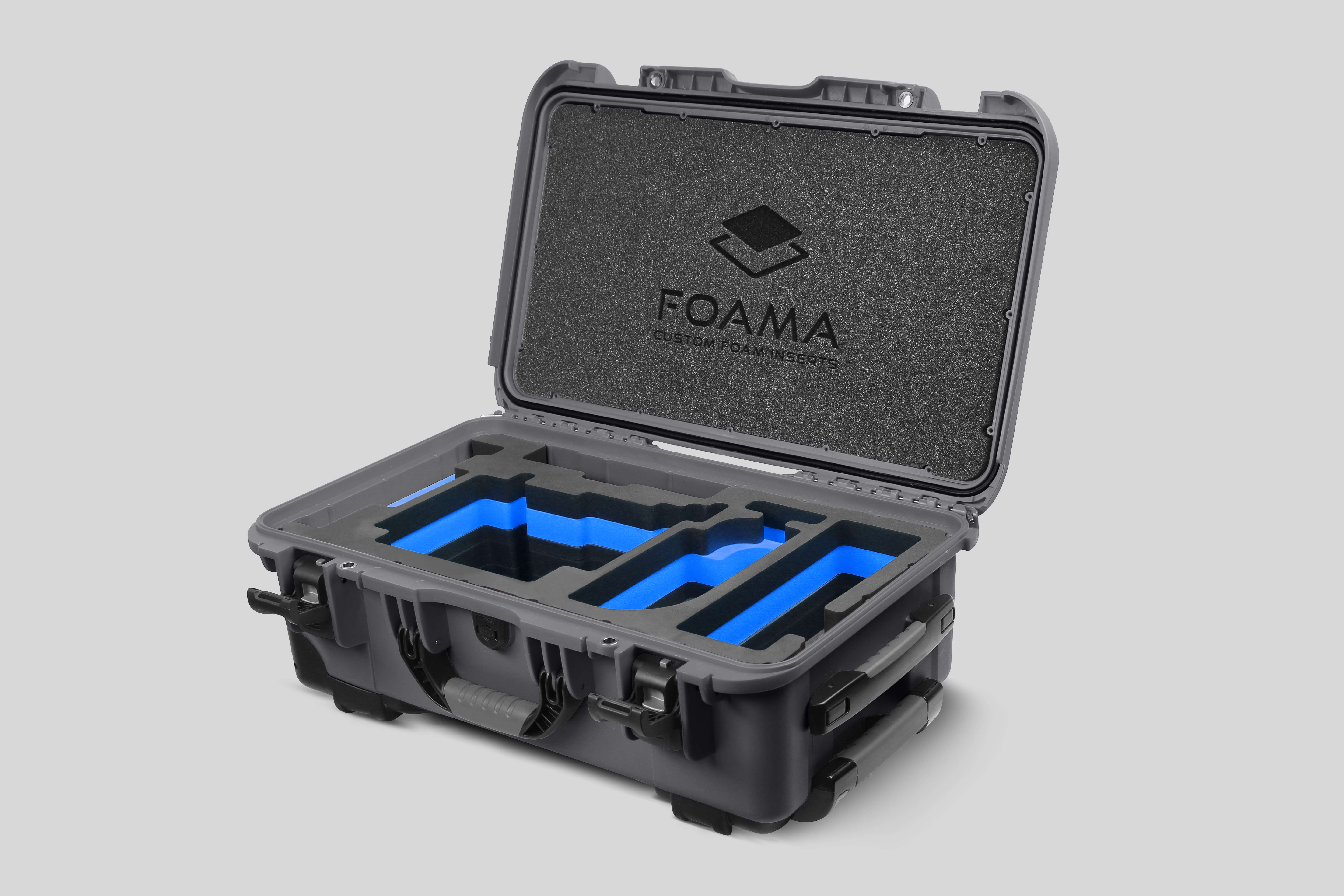 Angled view of Graphite Color ARRI Alexa 35 Carry-On Case with Blue Layer Custom Foam Insert