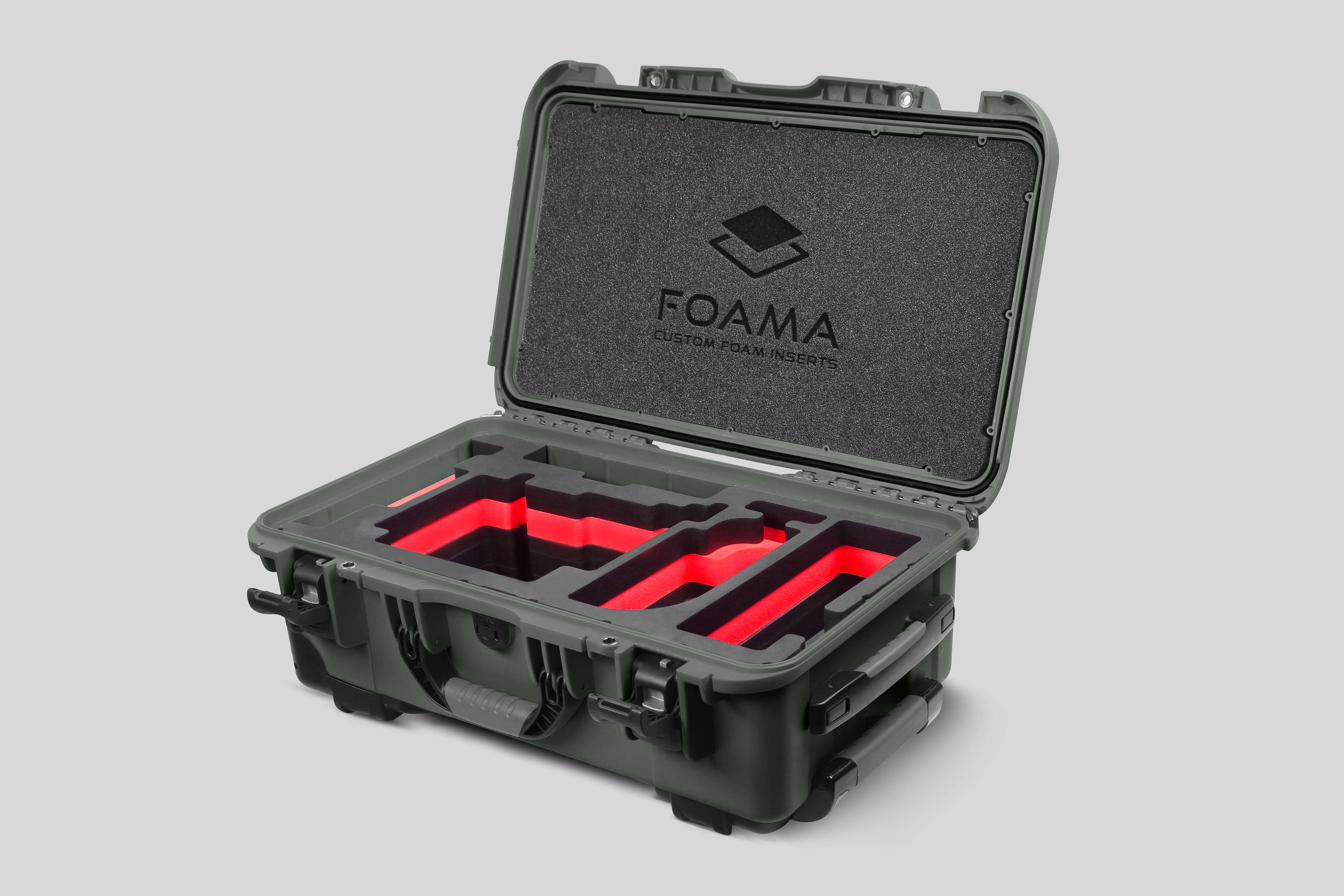 Angled view of Olive Color ARRI Alexa 35 Carry-On Case with Red Layer Custom Foam Insert