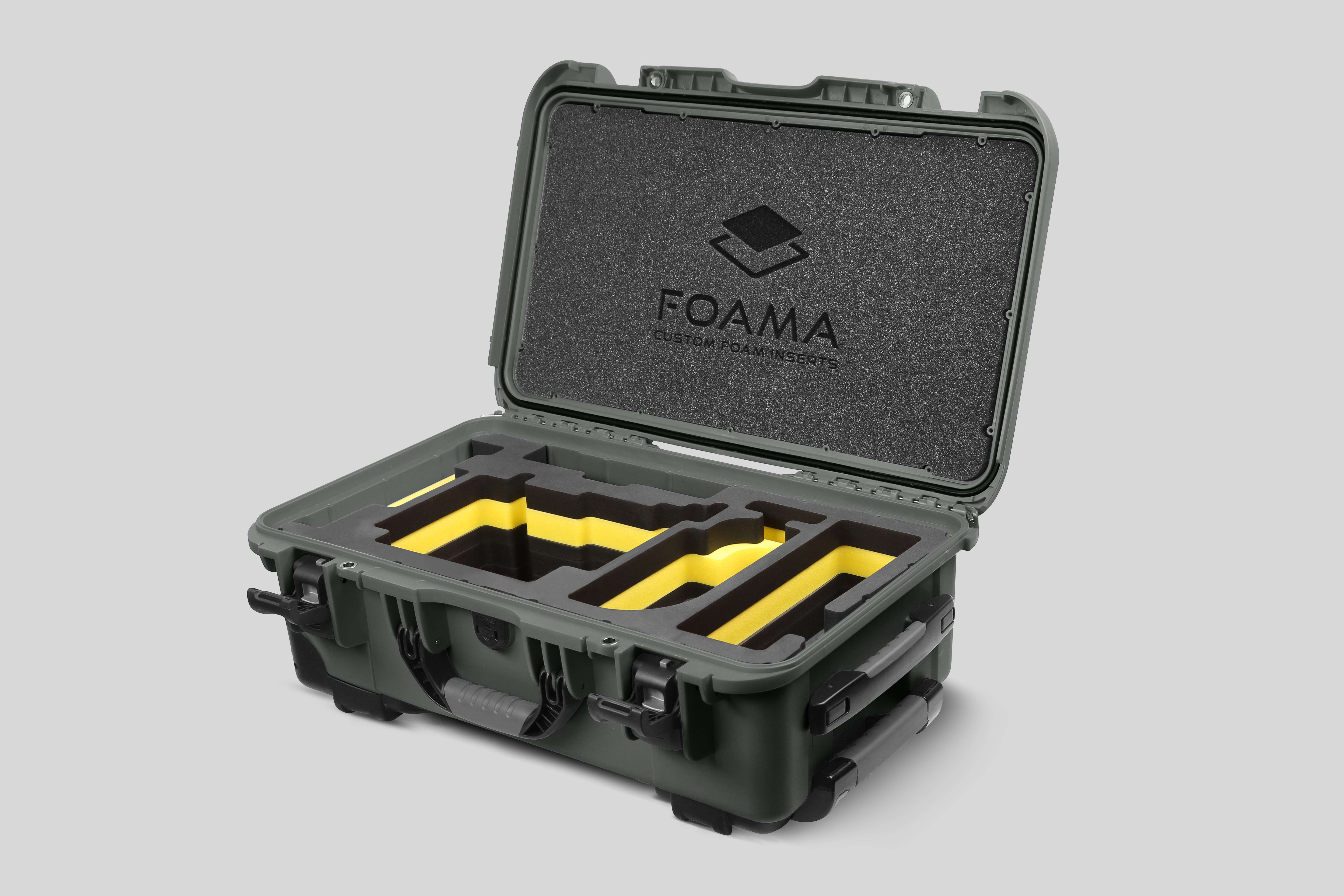 Angled view of Olive Color ARRI Alexa 35 Carry-On Case with Yellow Layer Custom Foam Insert