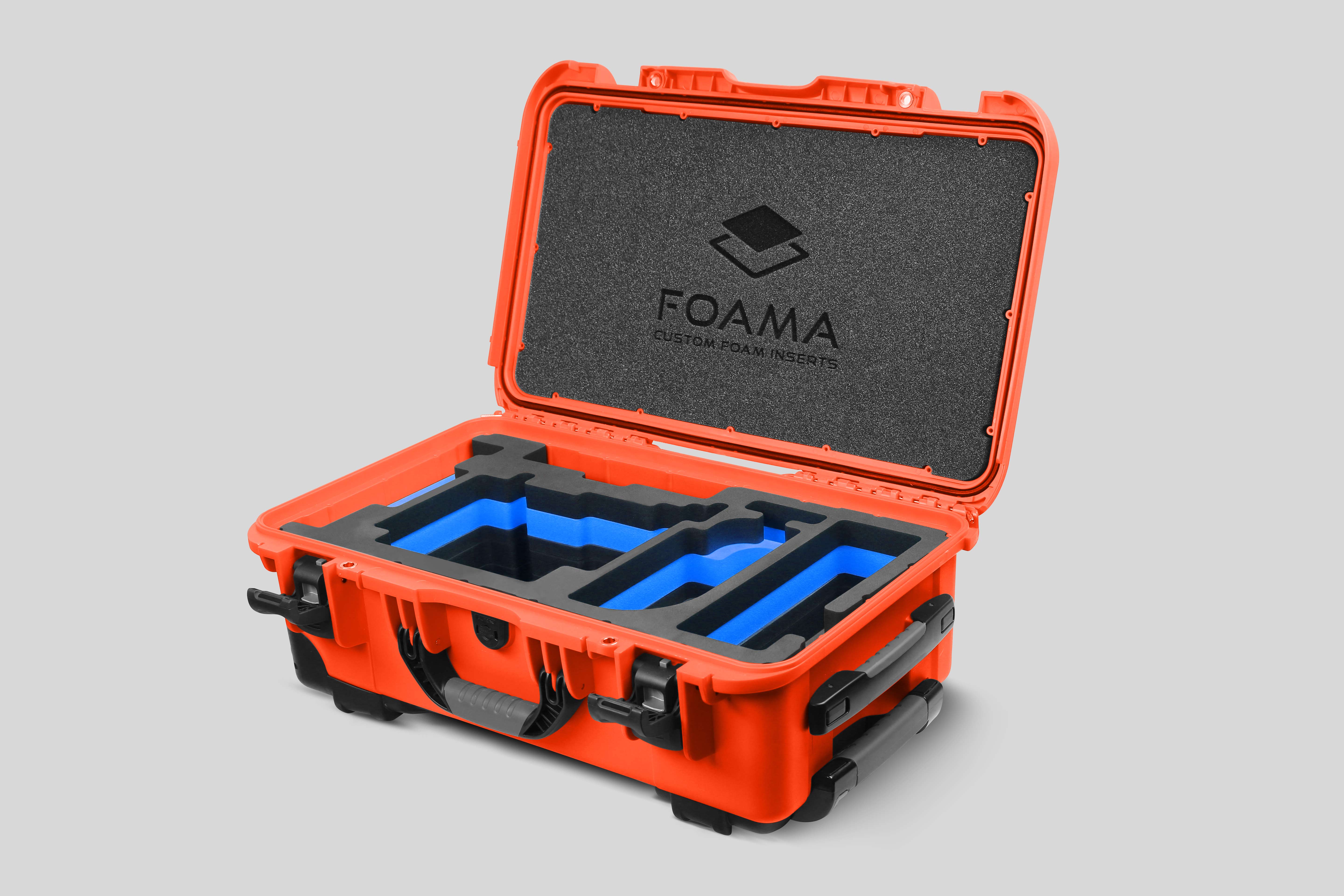 Angled view of Orange Color ARRI Alexa 35 Carry-On Case with Blue Layer Custom Foam Insert