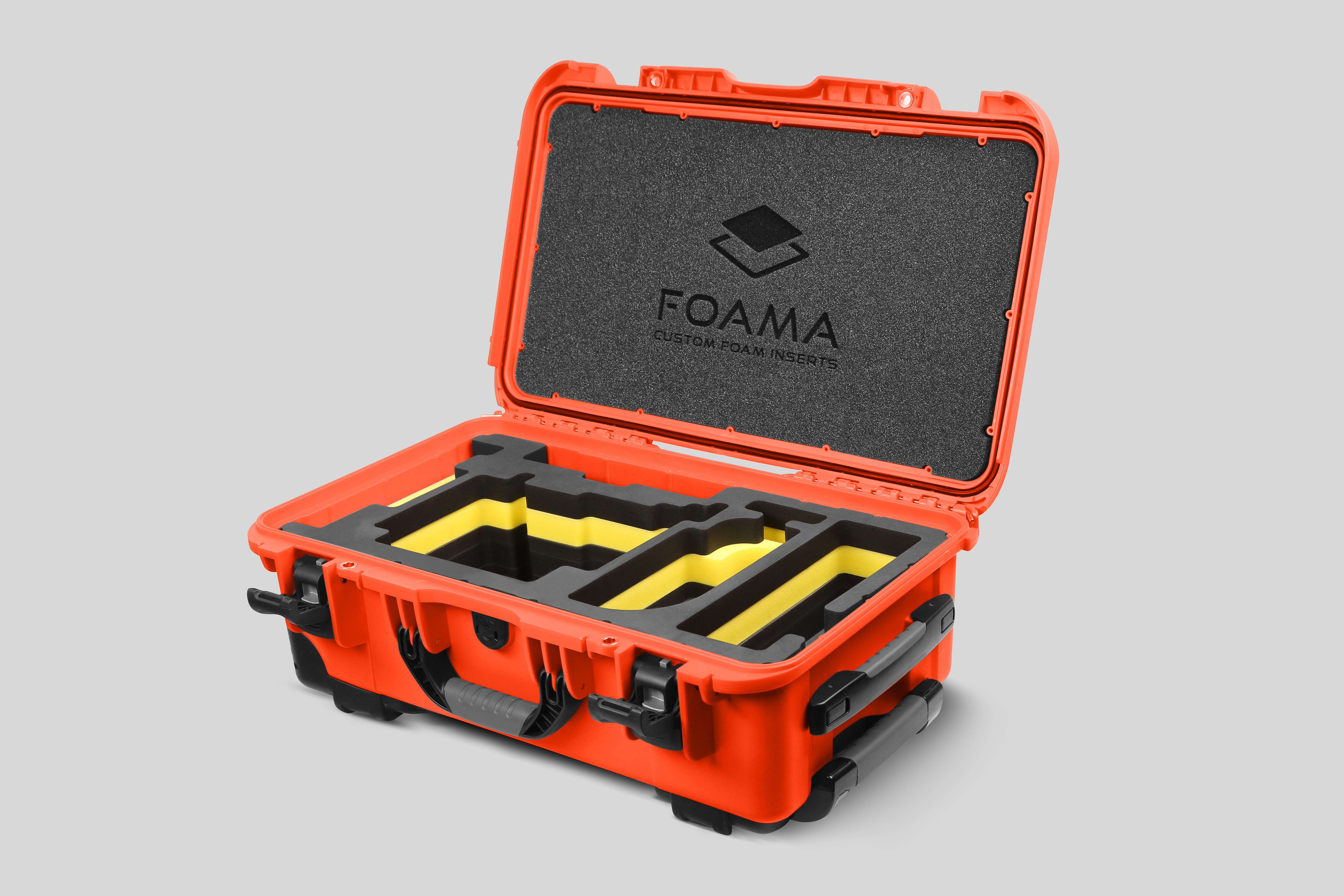 Angled view of Orange Color ARRI Alexa 35 Carry-On Case with Yellow Layer Custom Foam Insert