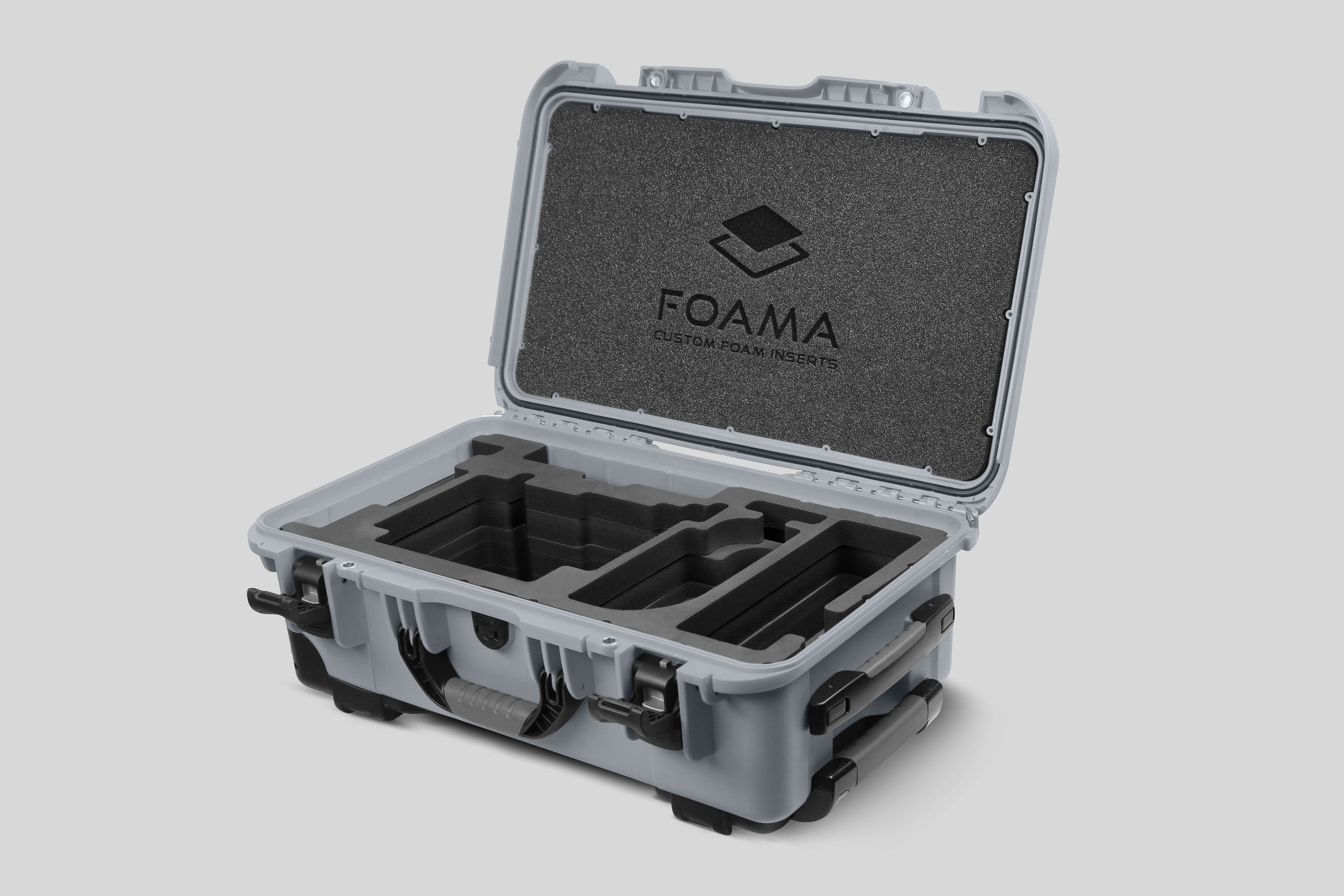 Angle view of Silver Color ARRI Alexa 35 Carry-On Case with Black Layer Custom Foam Insert