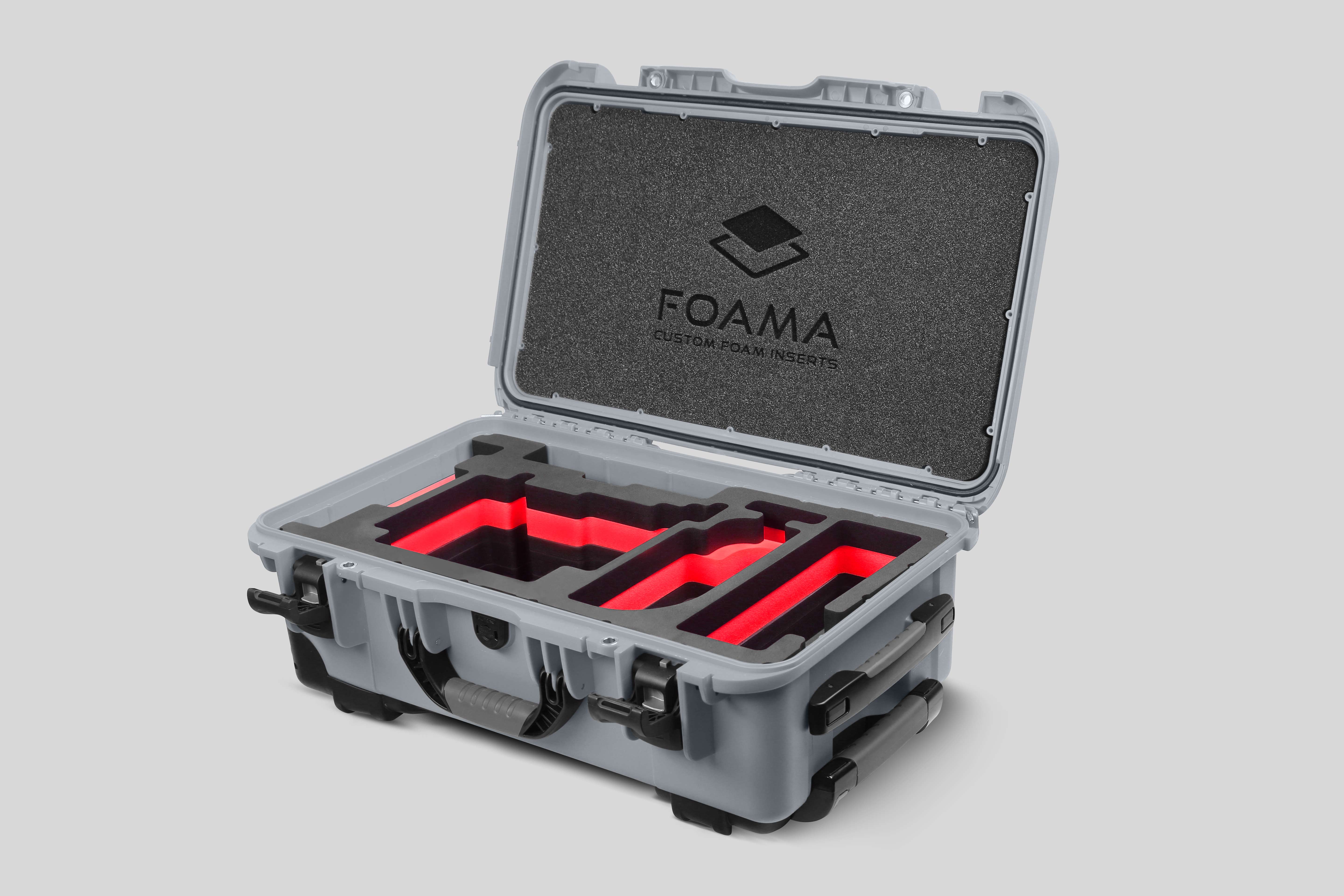 Angle view of Silver Color ARRI Alexa 35 Carry-On Case with Red Layer Custom Foam Insert