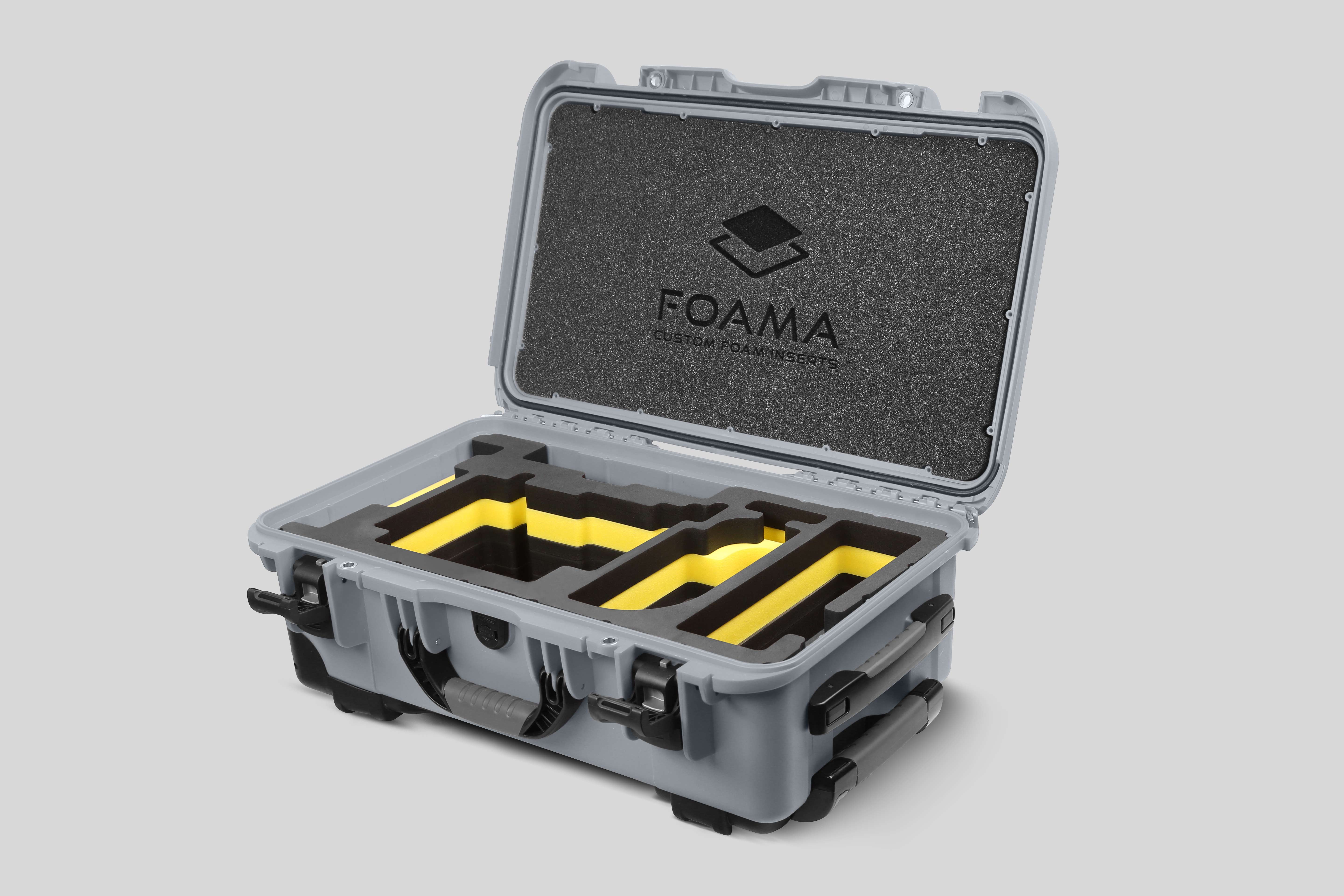 Angle view of Silver Color ARRI Alexa 35 Carry-On Case with Yellow Layer Custom Foam Insert