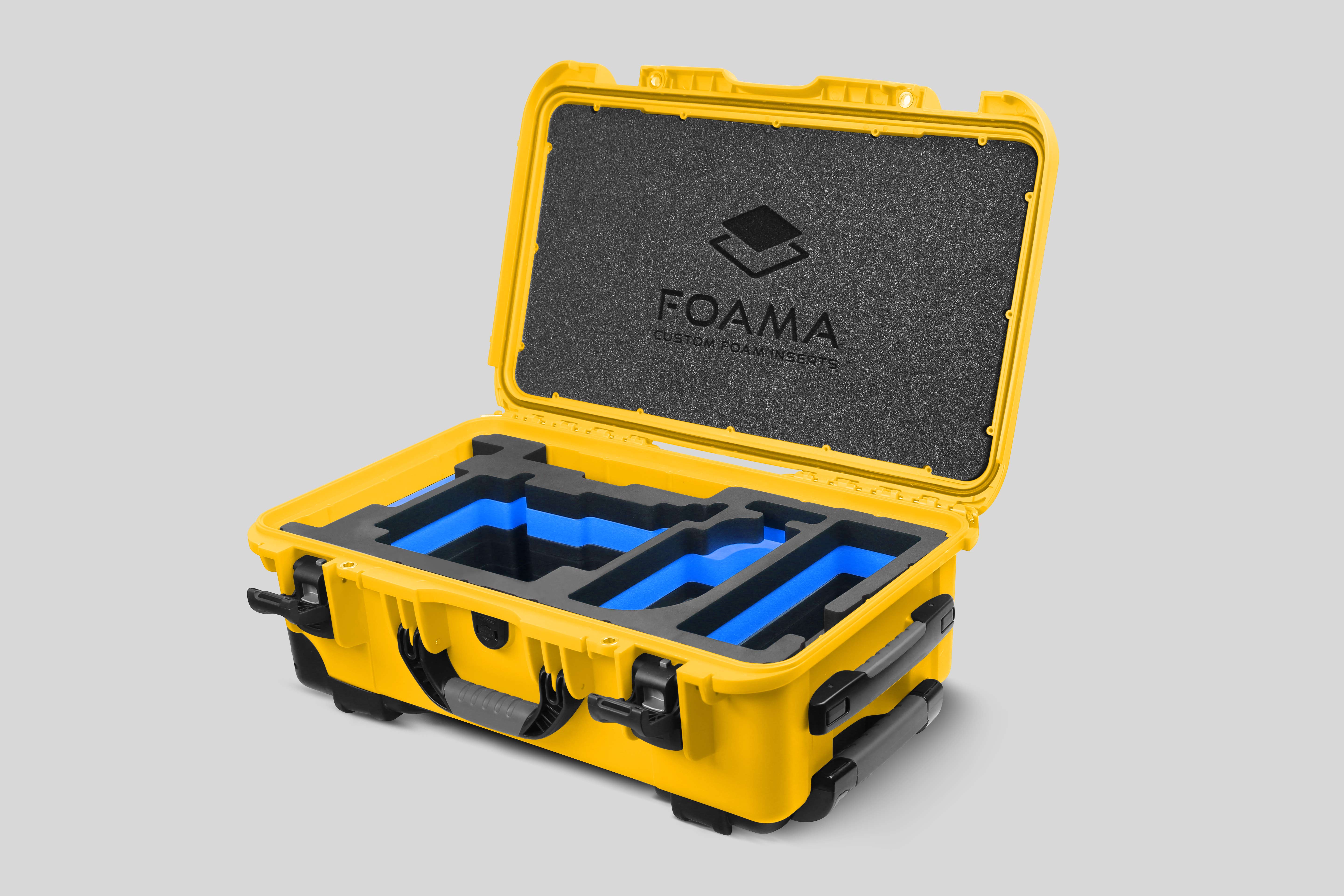 Angled view of Yellow Color ARRI Alexa 35 Carry-On Case with Blue Layer Custom Foam Insert