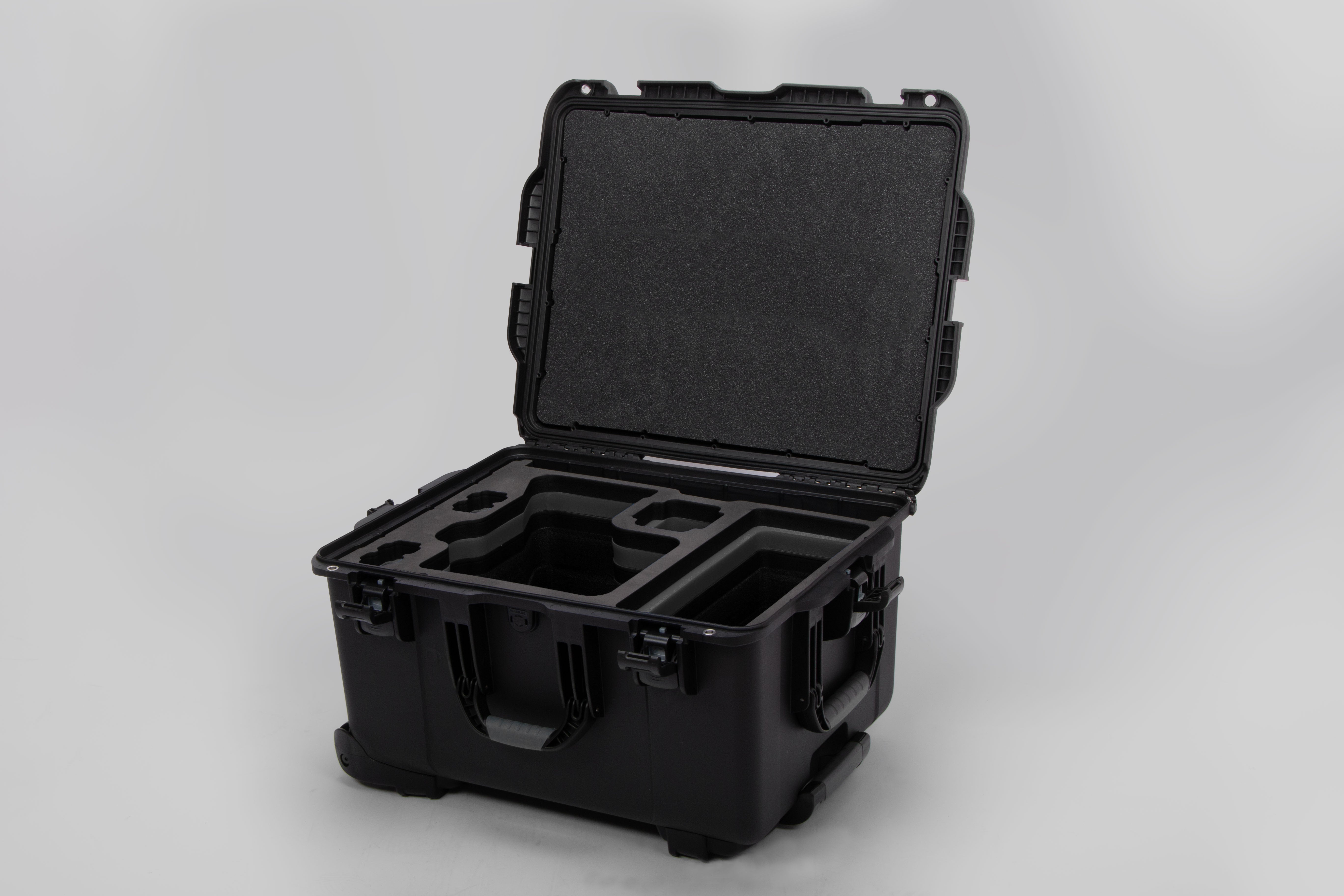 Angled view of ARRI Alexa 35 Black Color Studio Case with Custom Foam Black Layered Insert
