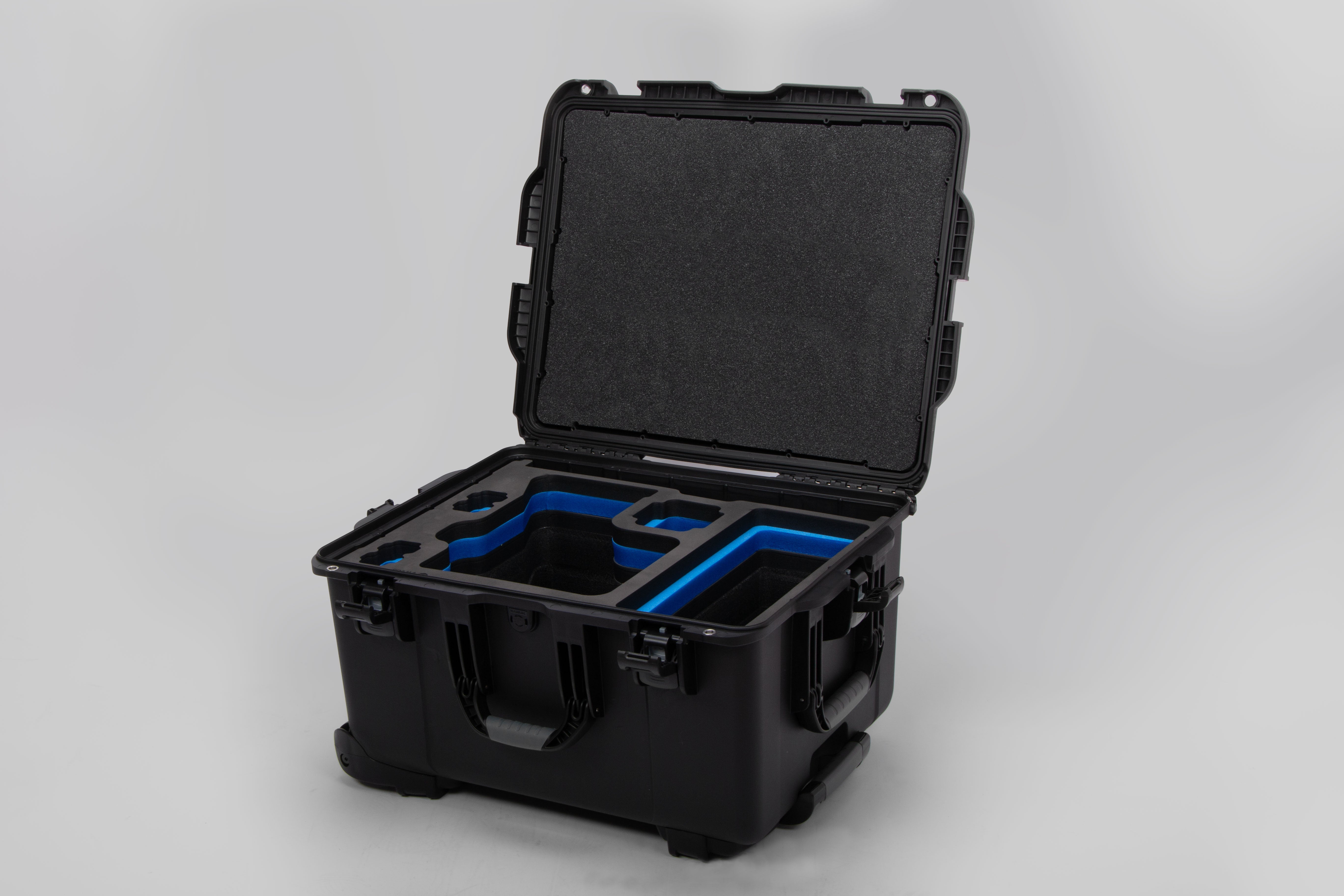 Angled view of ARRI Alexa 35 Black Color Studio Case with Custom Foam Blue Layered Insert