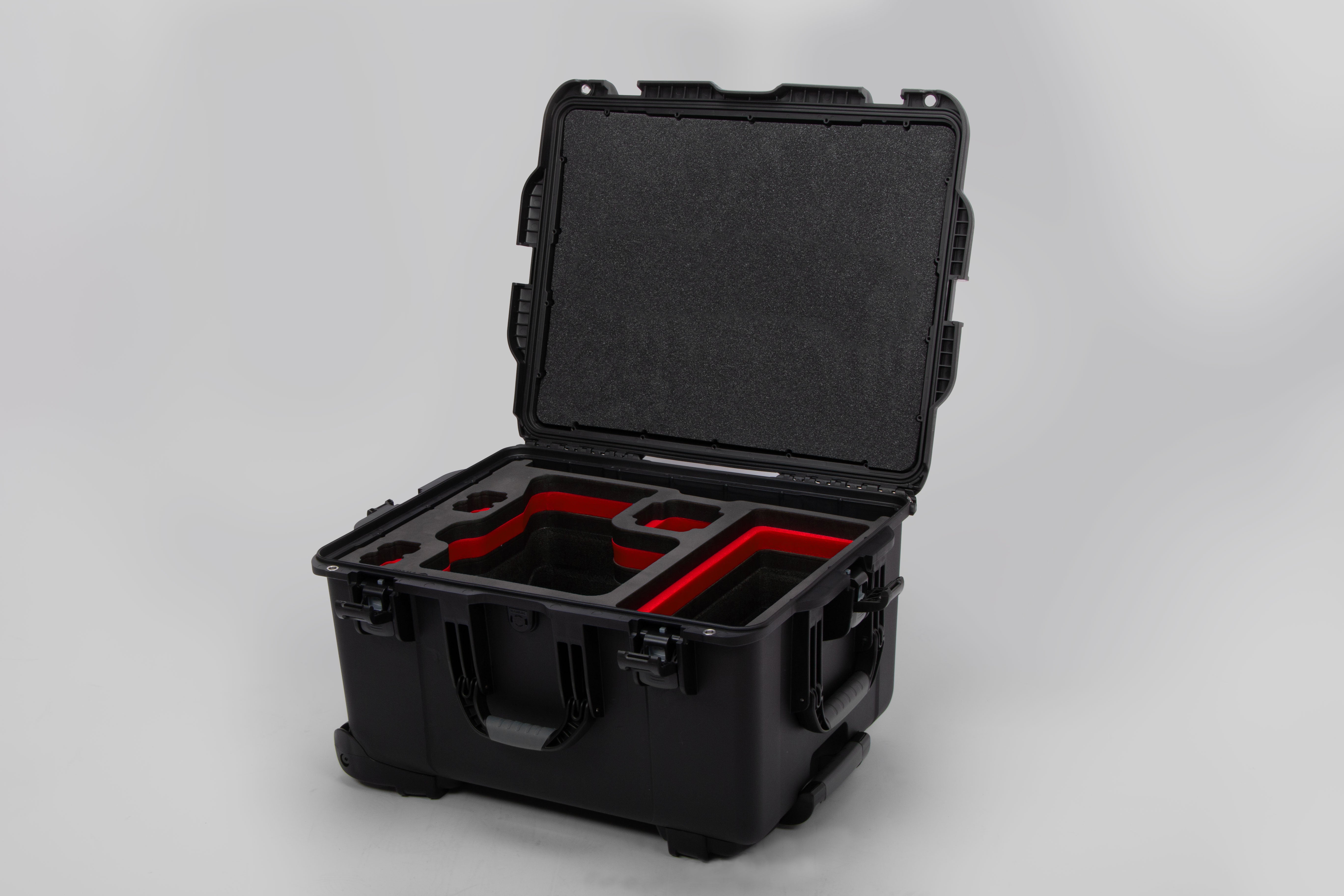 Angled view of ARRI Alexa 35 Black Color Studio Case with Custom Foam Red Layered Insert