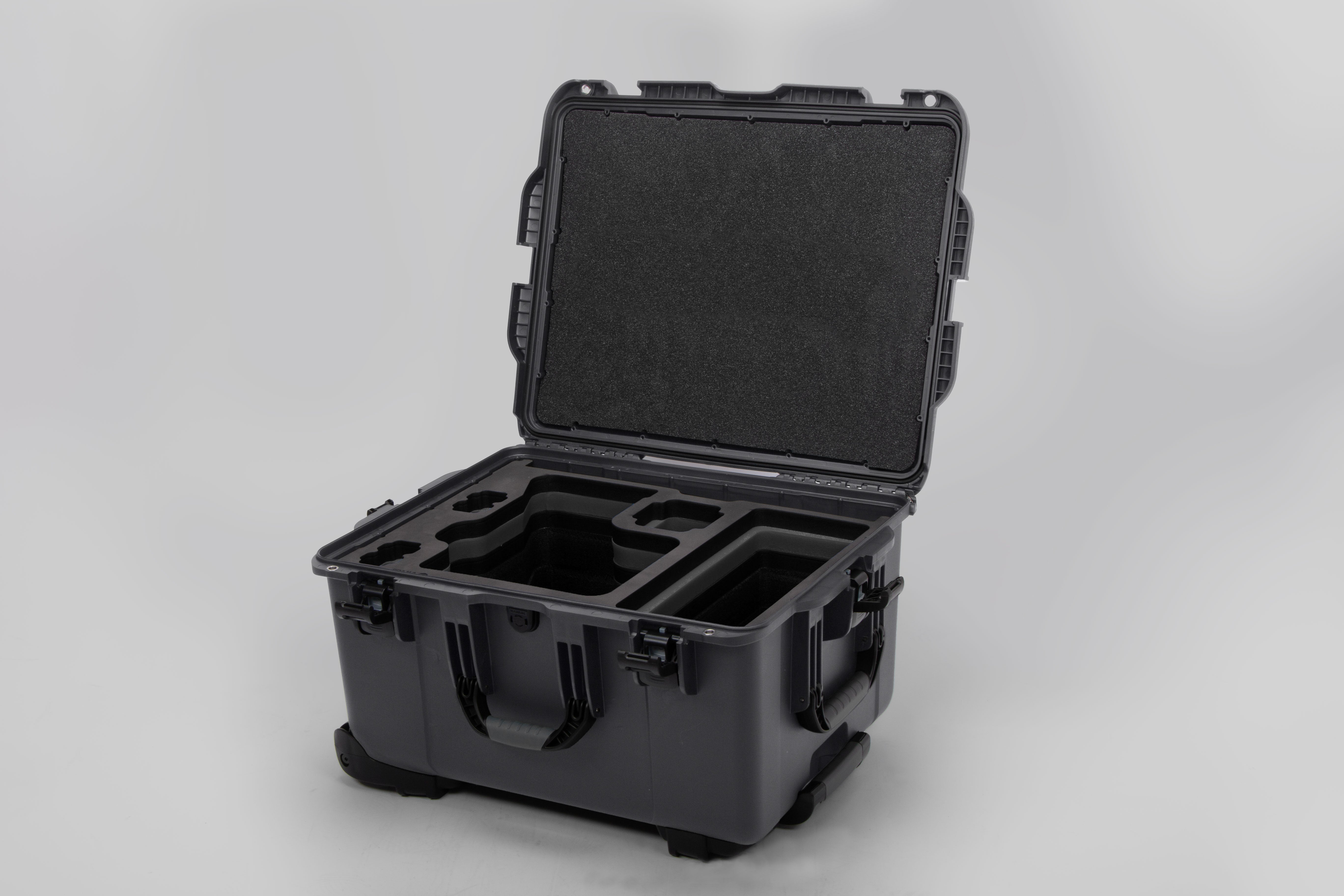 Angled view of ARRI Alexa 35 Graphite Color Studio Case with Black Layer Custom Foam Insert