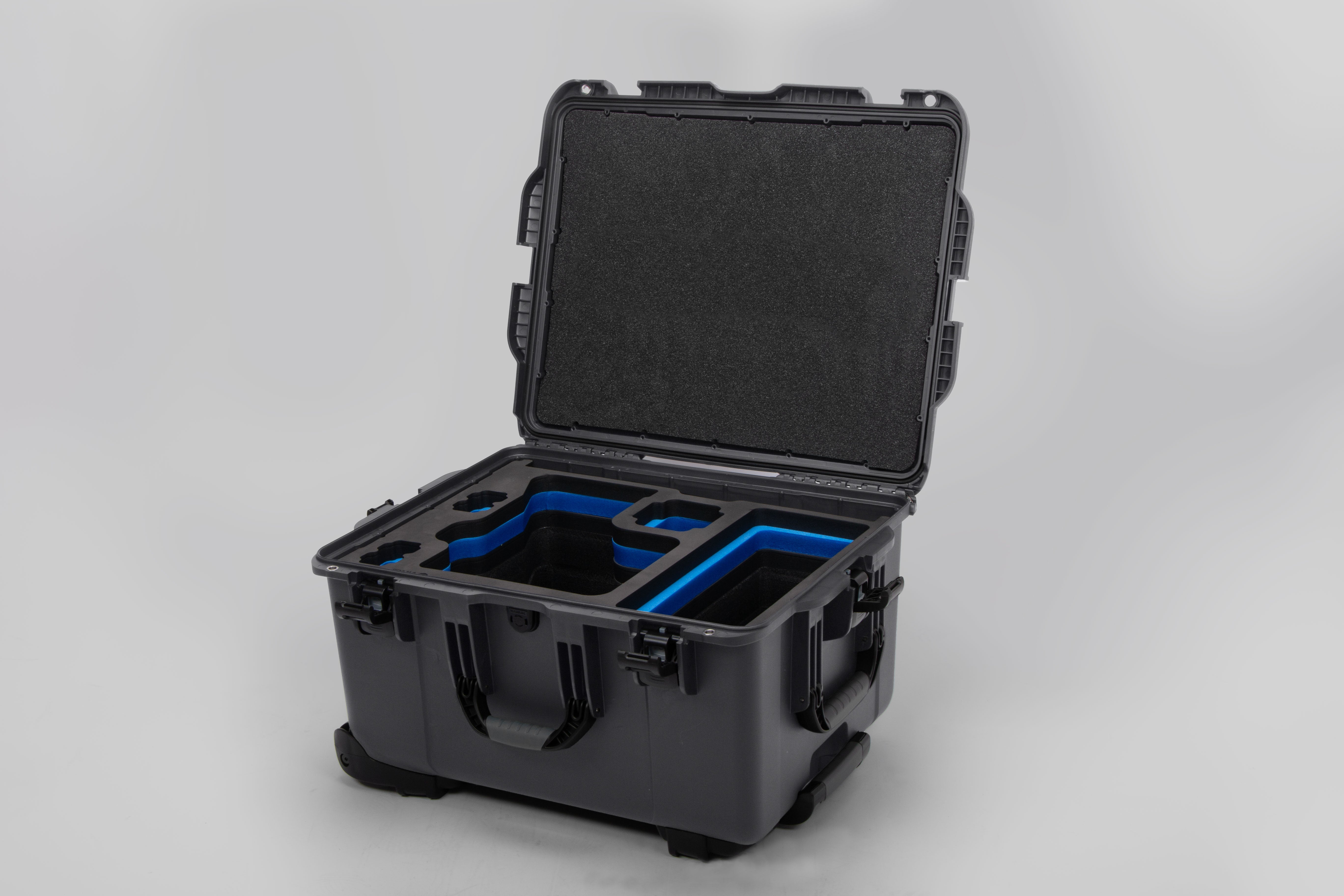 Angled view of ARRI Alexa 35 Graphite Color Studio Case with Blue Layer Custom Foam Insert