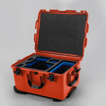Angled view of ARRI Alexa 35 Orange Color Studio Case with Blue Layer Custom Foam Insert
