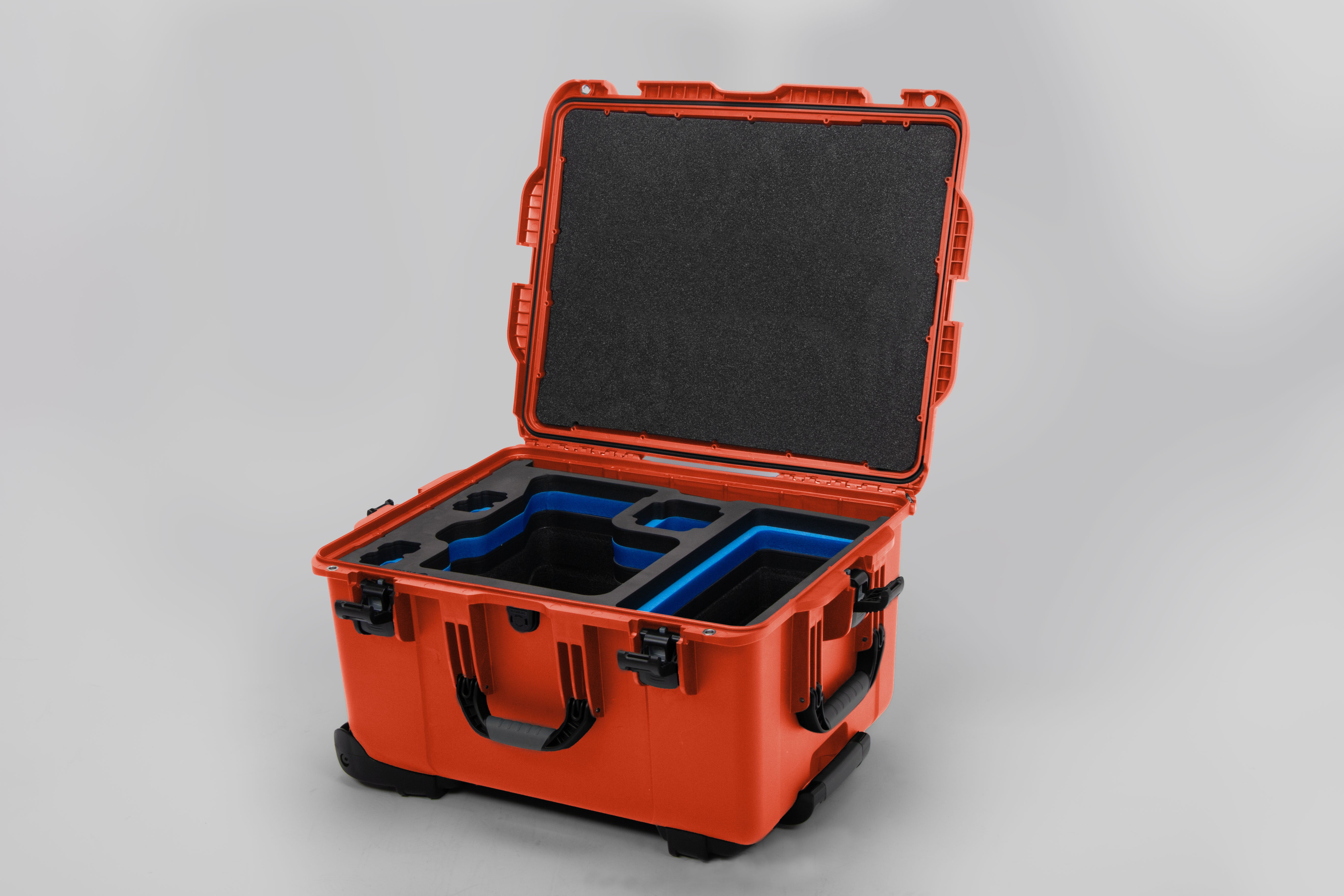 Angled view of ARRI Alexa 35 Orange Color Studio Case with Blue Layer Custom Foam Insert