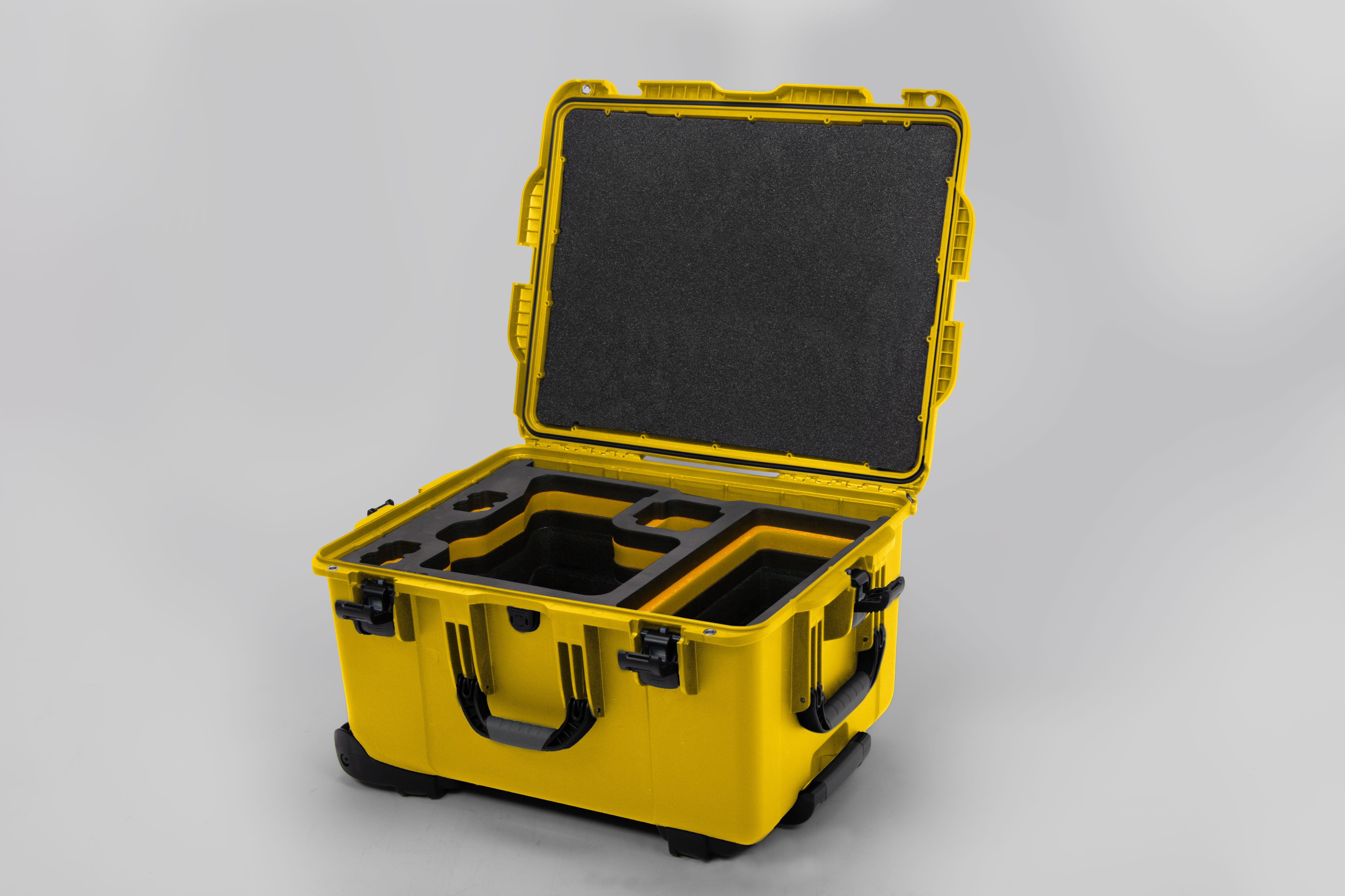 Angled view of ARRI Alexa 35 Yellow Color Studio Case with Yellow Layer Custom Foam Insert