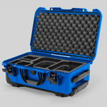 Angle view of Blue Color Canon C400 Camera Carry-on Case and Black Layer Custom Foam Insert