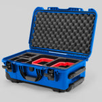 Angle view of Blue Color Canon C400 Camera Carry-on Case and Red Layer Custom Foam Insert