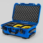 Angle view of Blue Color Canon C400 Camera Carry-on Case and Yellow Layer Custom Foam Insert
