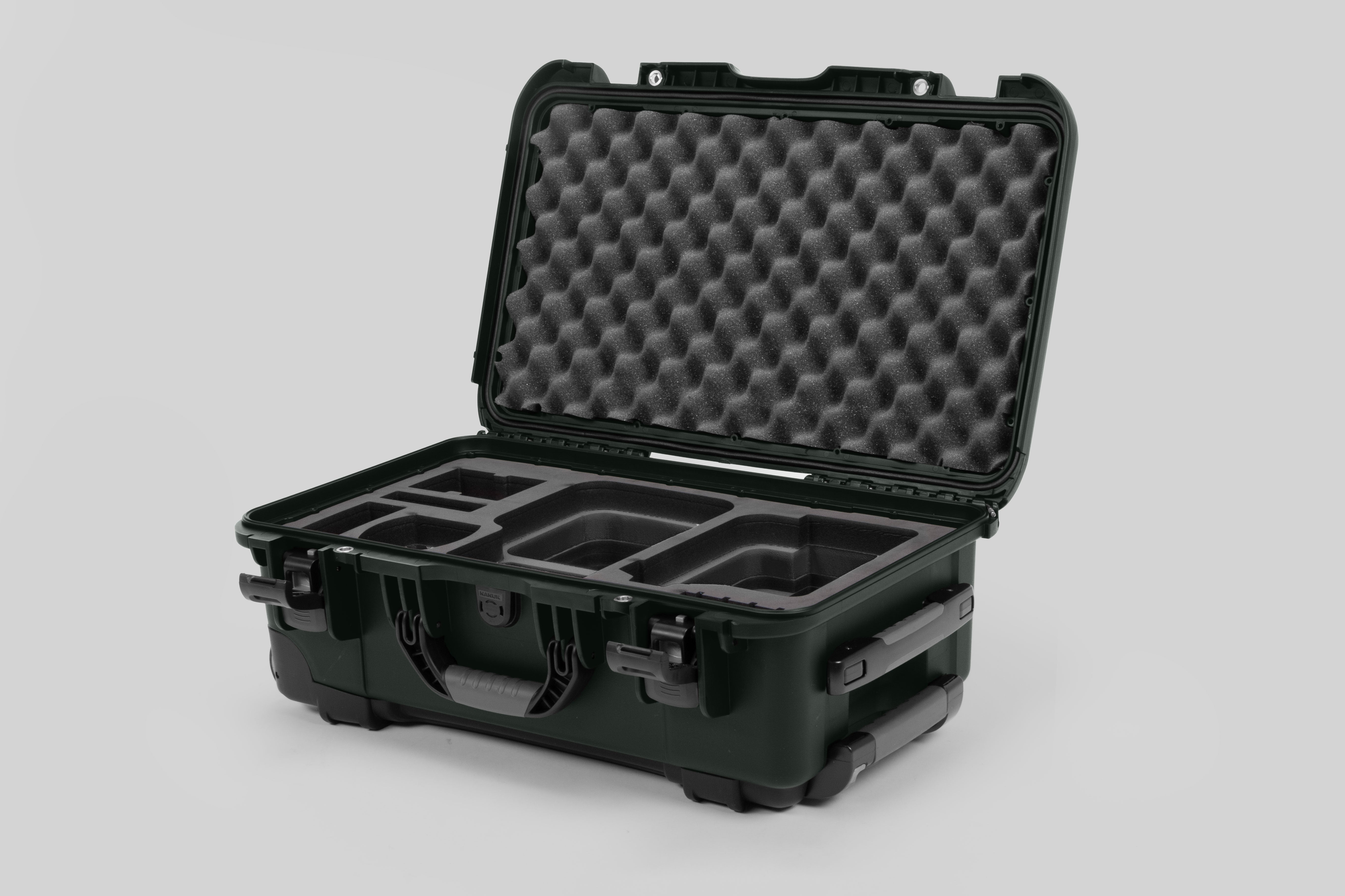 Angle view of Olive Color Canon C400 Camera Carry-on Case and Black Layer Custom Foam Insert