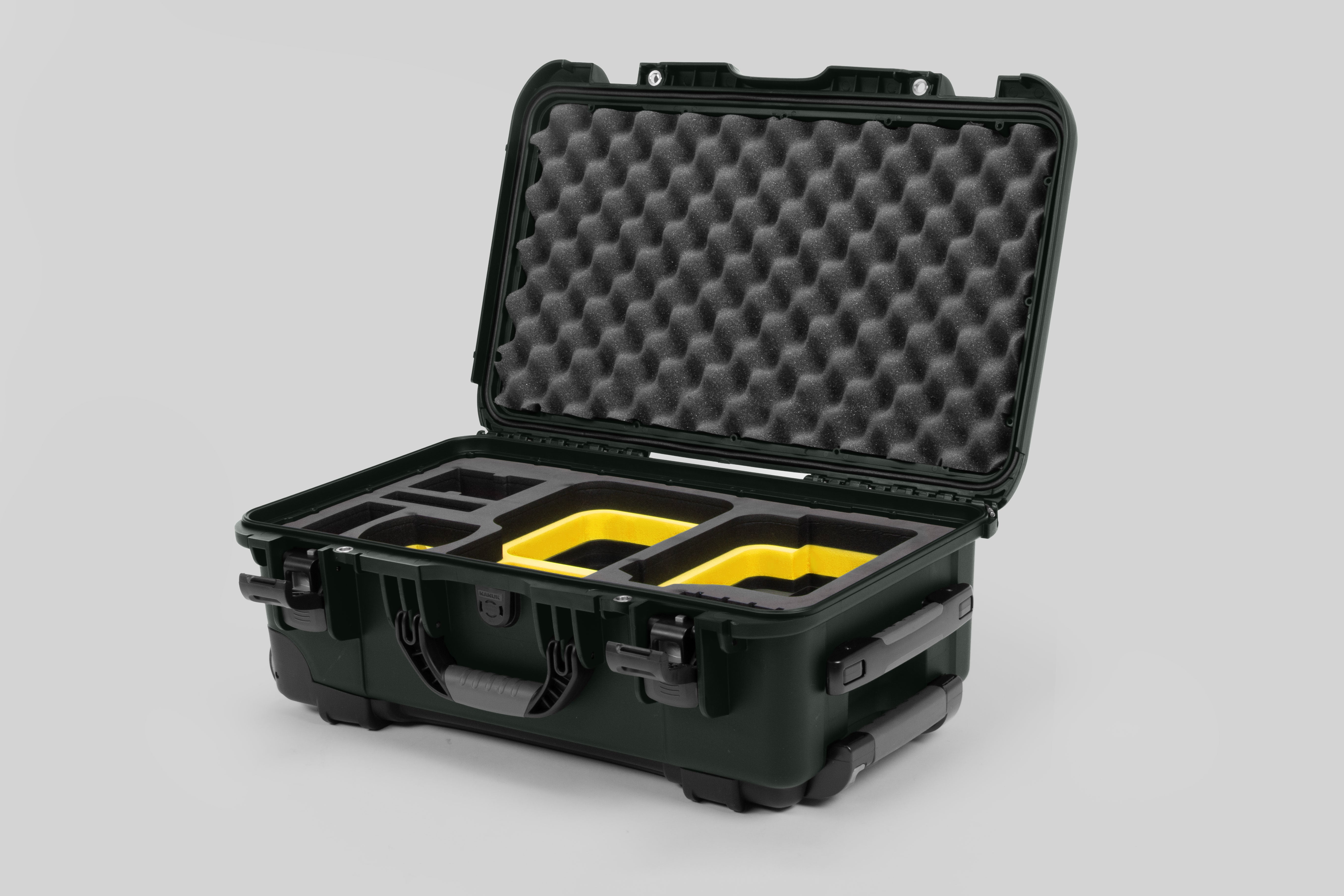 Angle view of Olive Color Canon C400 Camera Carry-on Case and Yellow Layer Custom Foam Insert