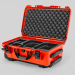 Angle view of Orange Color Canon C400 Camera Carry-on Case and Black Layer Custom Foam Insert