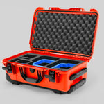 Angle view of Orange Color Canon C400 Camera Carry-on Case and Blue Layer Custom Foam Insert