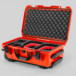 Angle view of Orange Color Canon C400 Camera Carry-on Case and Red Layer Custom Foam Insert