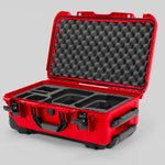 Angle view of Red Color Canon C400 Camera Carry-on Case and Black Layer Custom Foam Insert