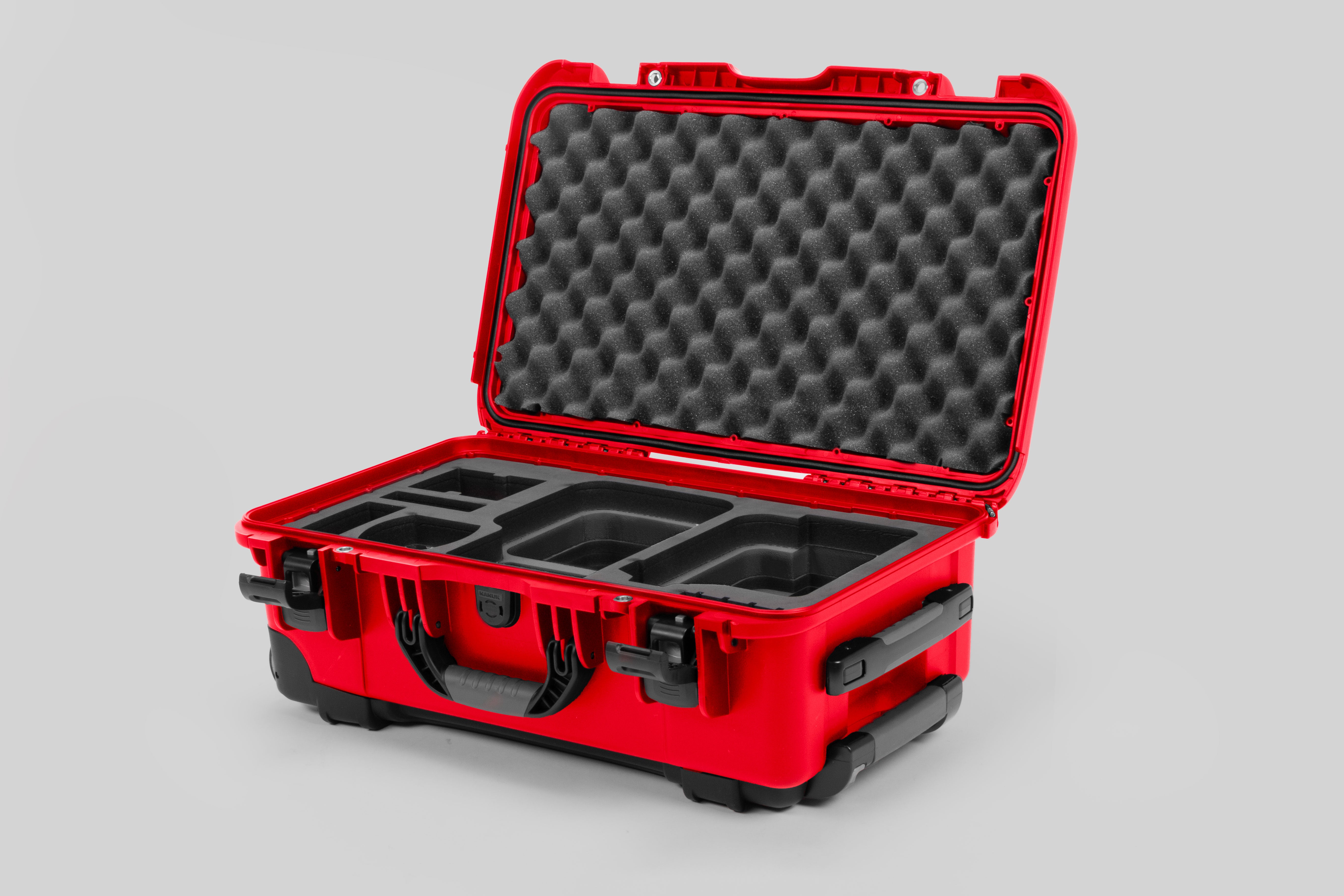 Angle view of Red Color Canon C400 Camera Carry-on Case and Black Layer Custom Foam Insert
