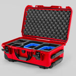 Angle view of Red Color Canon C400 Camera Carry-on Case and Blue Layer Custom Foam Insert