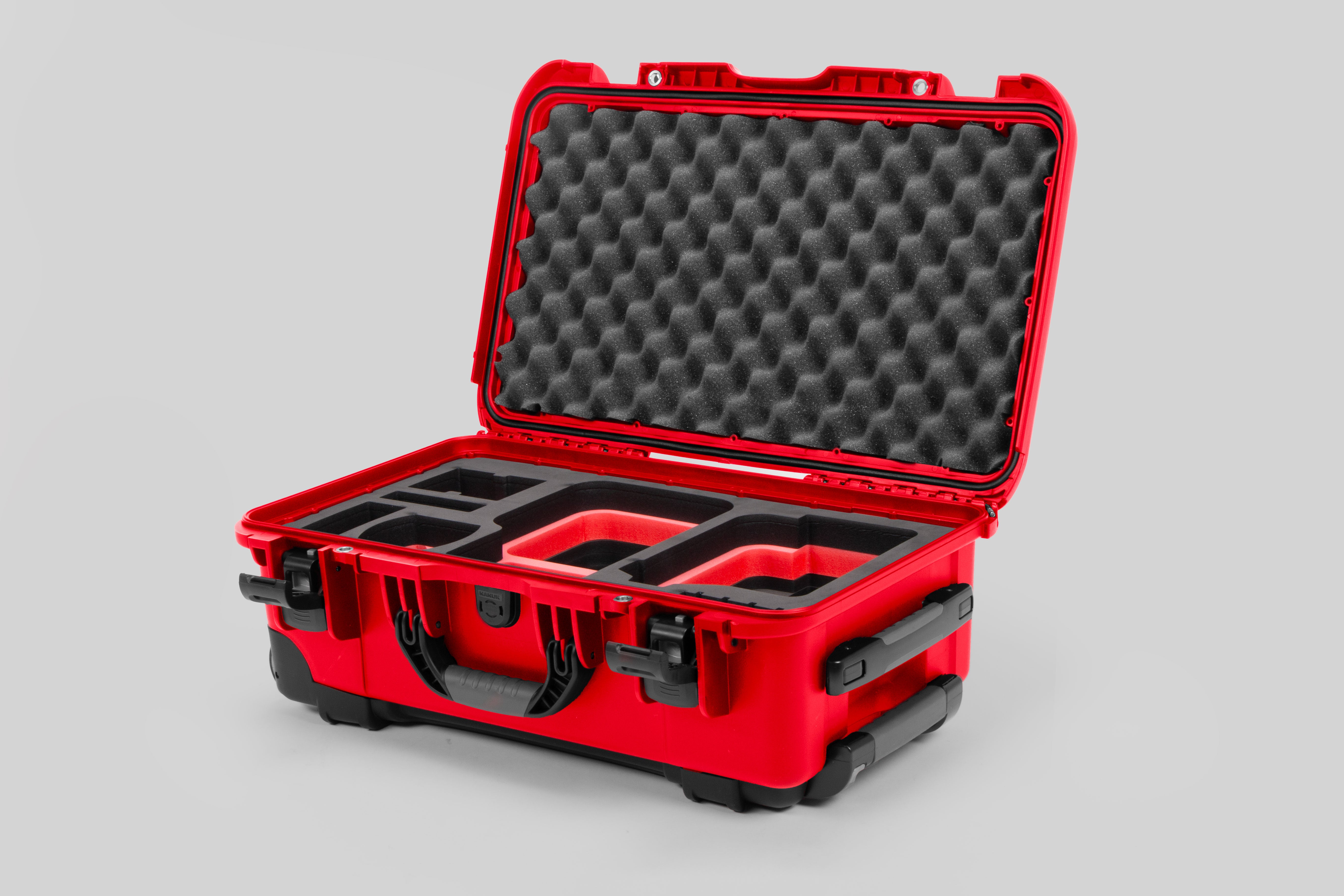 Angle view of Red Color Canon C400 Camera Carry-on Case and Red Layer Custom Foam Insert