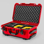 Angle view of Red Color Canon C400 Camera Carry-on Case and Yellow Layer Custom Foam Insert