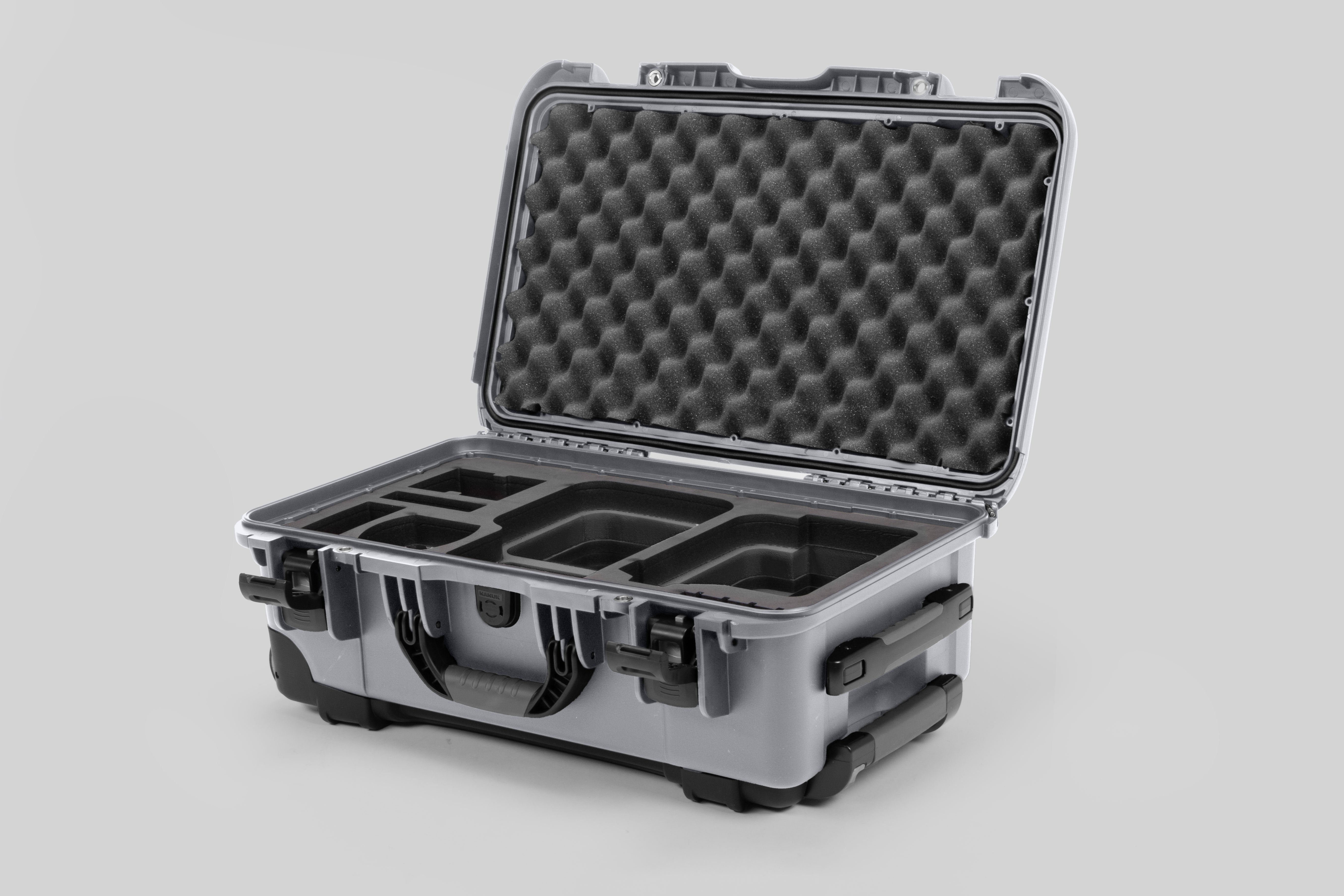 Angle view of Silver Color Canon C400 Camera Carry-on Case and Black Layer Custom Foam Insert