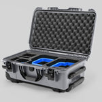 Angle view of Silver Color Canon C400 Camera Carry-on Case and Blue Layer Custom Foam Insert