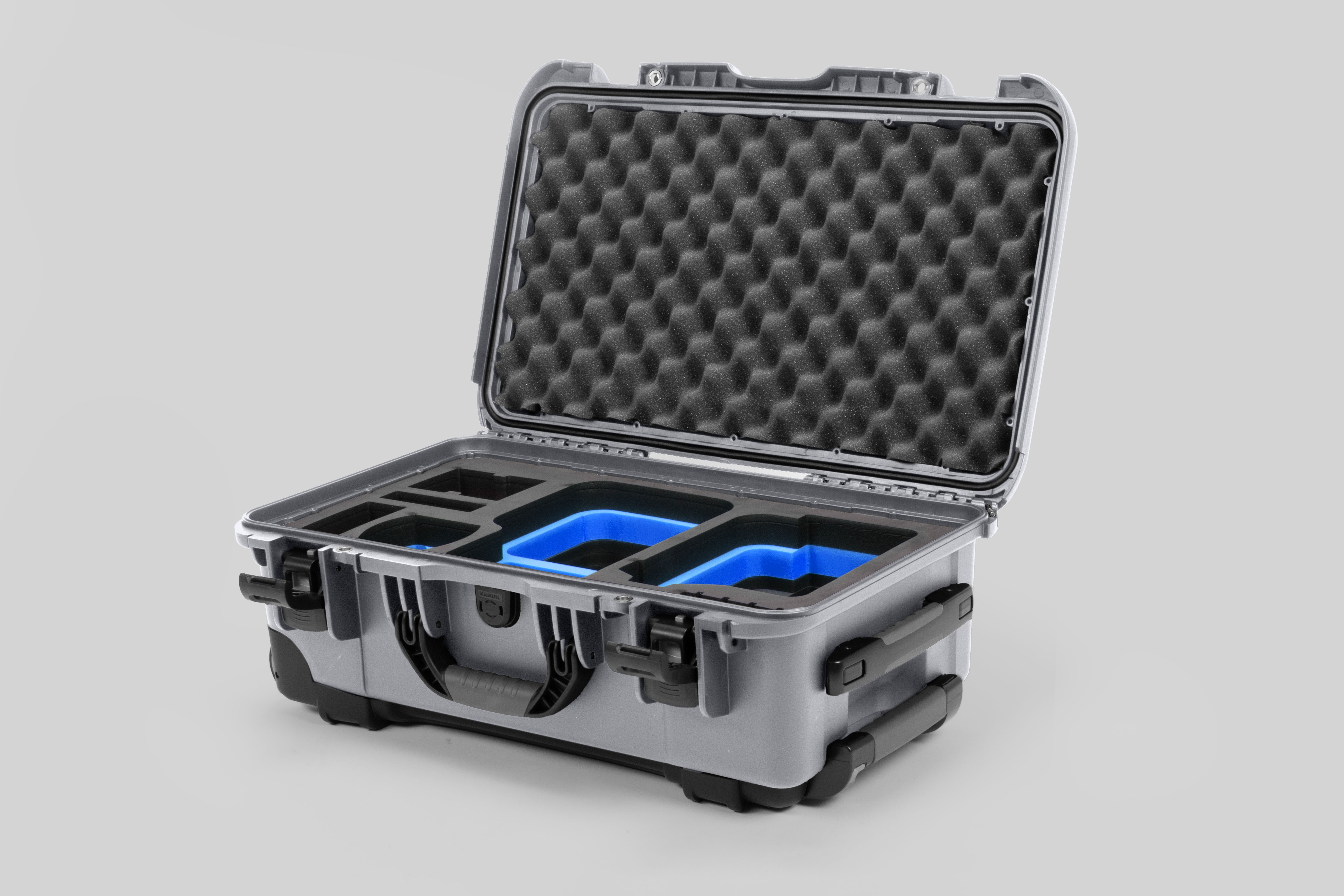 Angle view of Silver Color Canon C400 Camera Carry-on Case and Blue Layer Custom Foam Insert