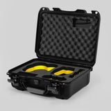 Angled view of DJI Avata 2 Fly More Combo Black Color Waterproof Hard Case and Custom Foam Insert with a Yellow Layer
