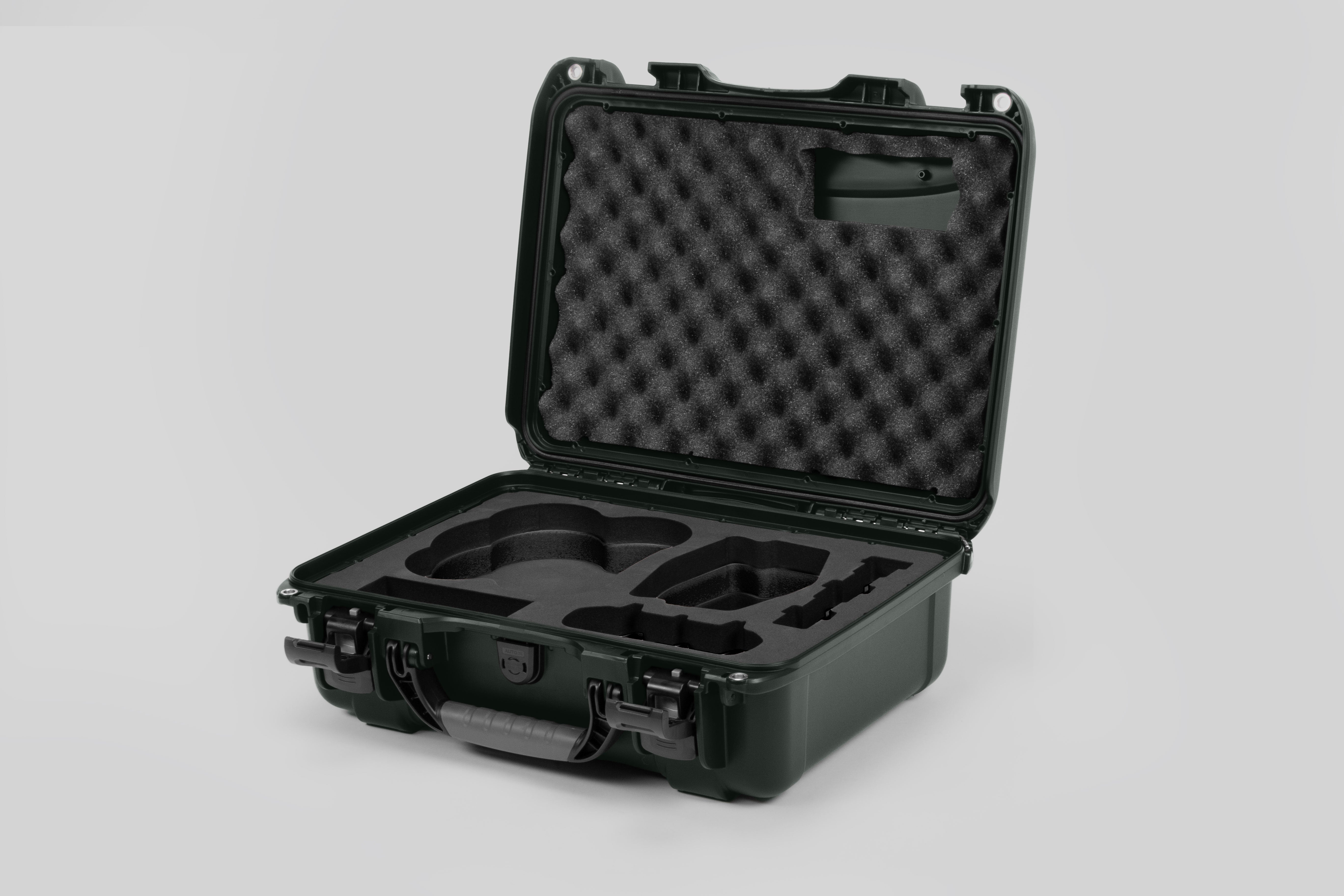 Angled view of DJI Avata 2 Fly More Combo Olive Color Waterproof Hard Case and Custom Foam Insert