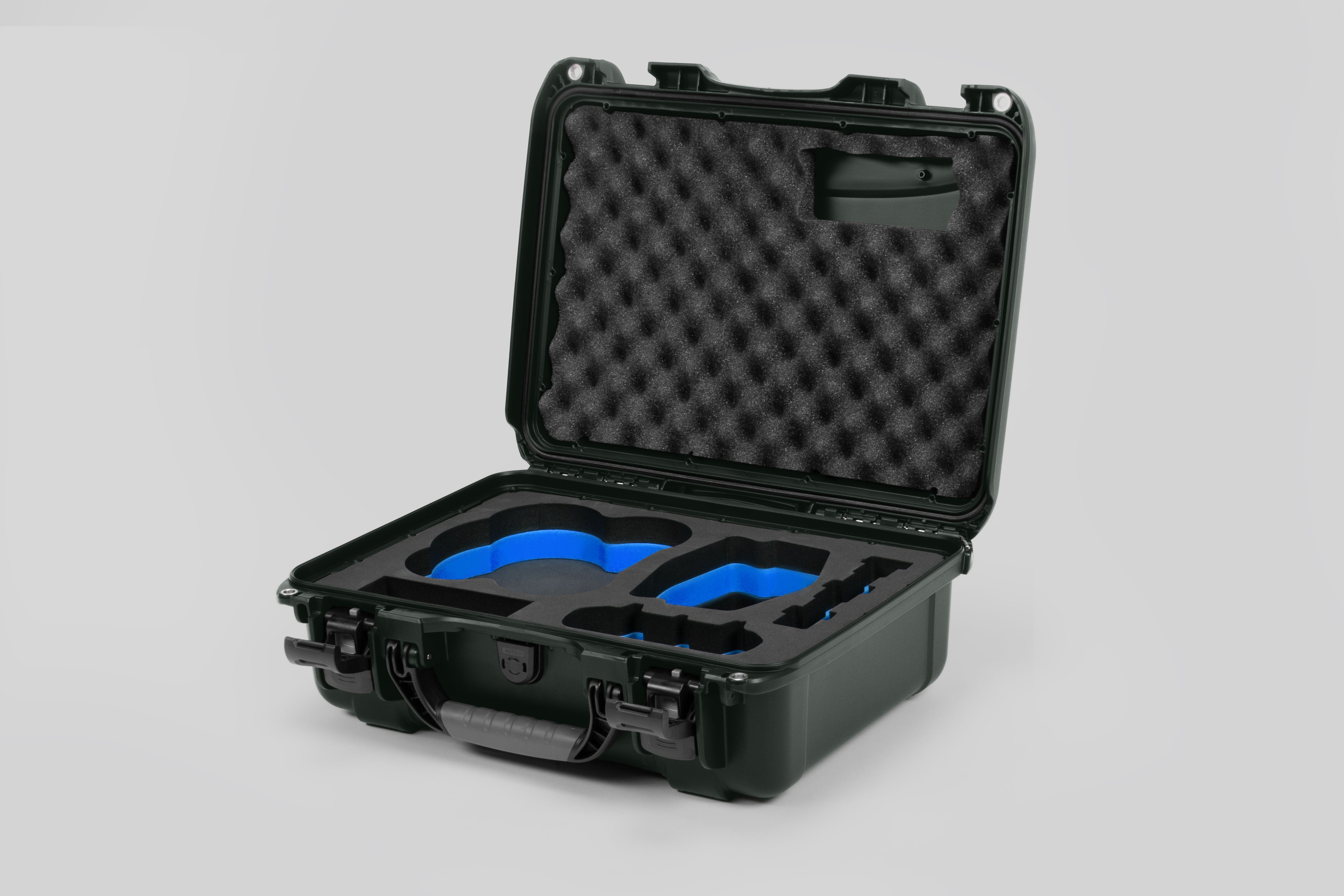 Angled view of DJI Avata 2 Fly More Combo Olive Color Waterproof Hard Case and Custom Foam Insert with a Blue Layer