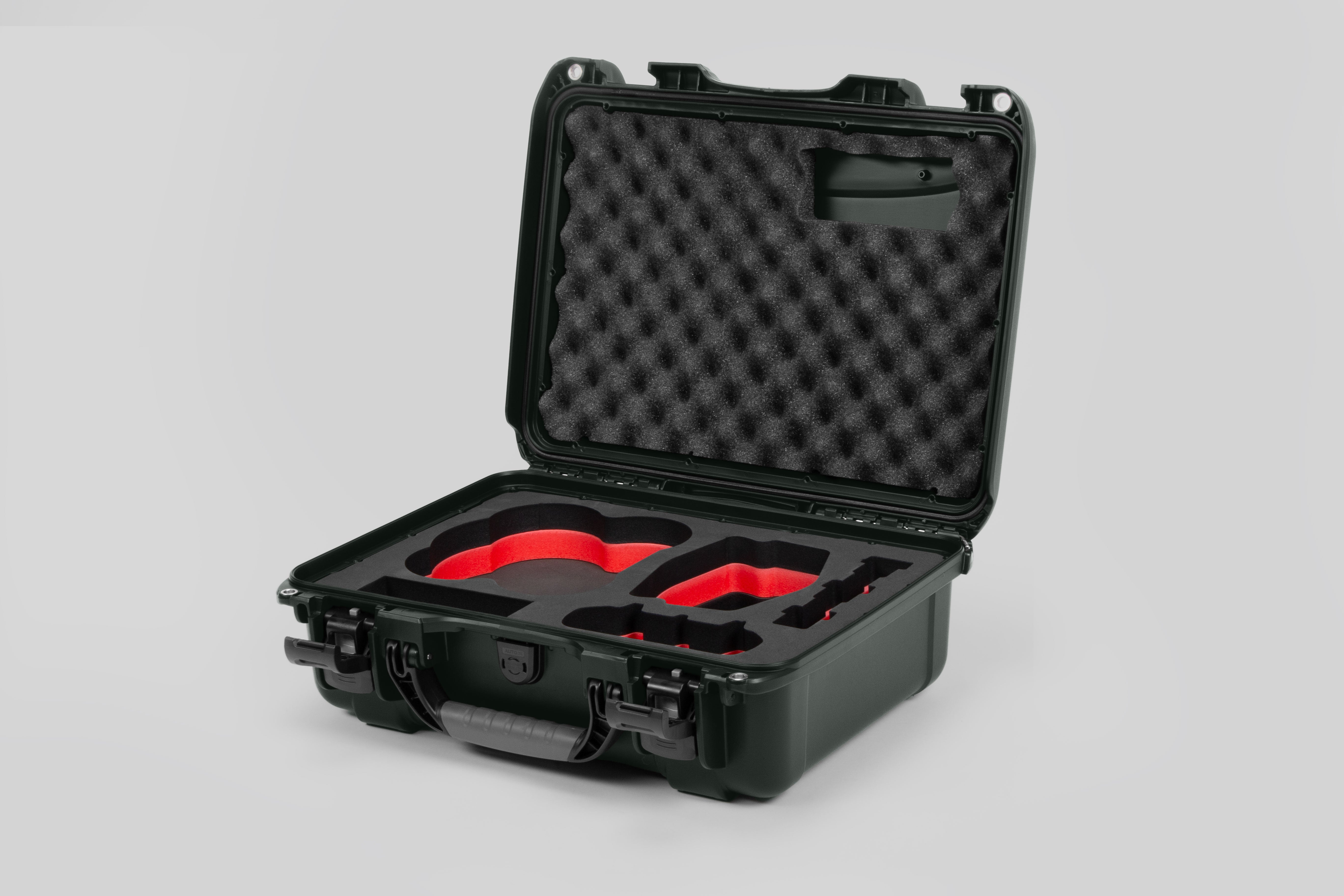 Angled view of DJI Avata 2 Fly More Combo Olive Color Waterproof Hard Case and Custom Foam Insert with a Red Layer
