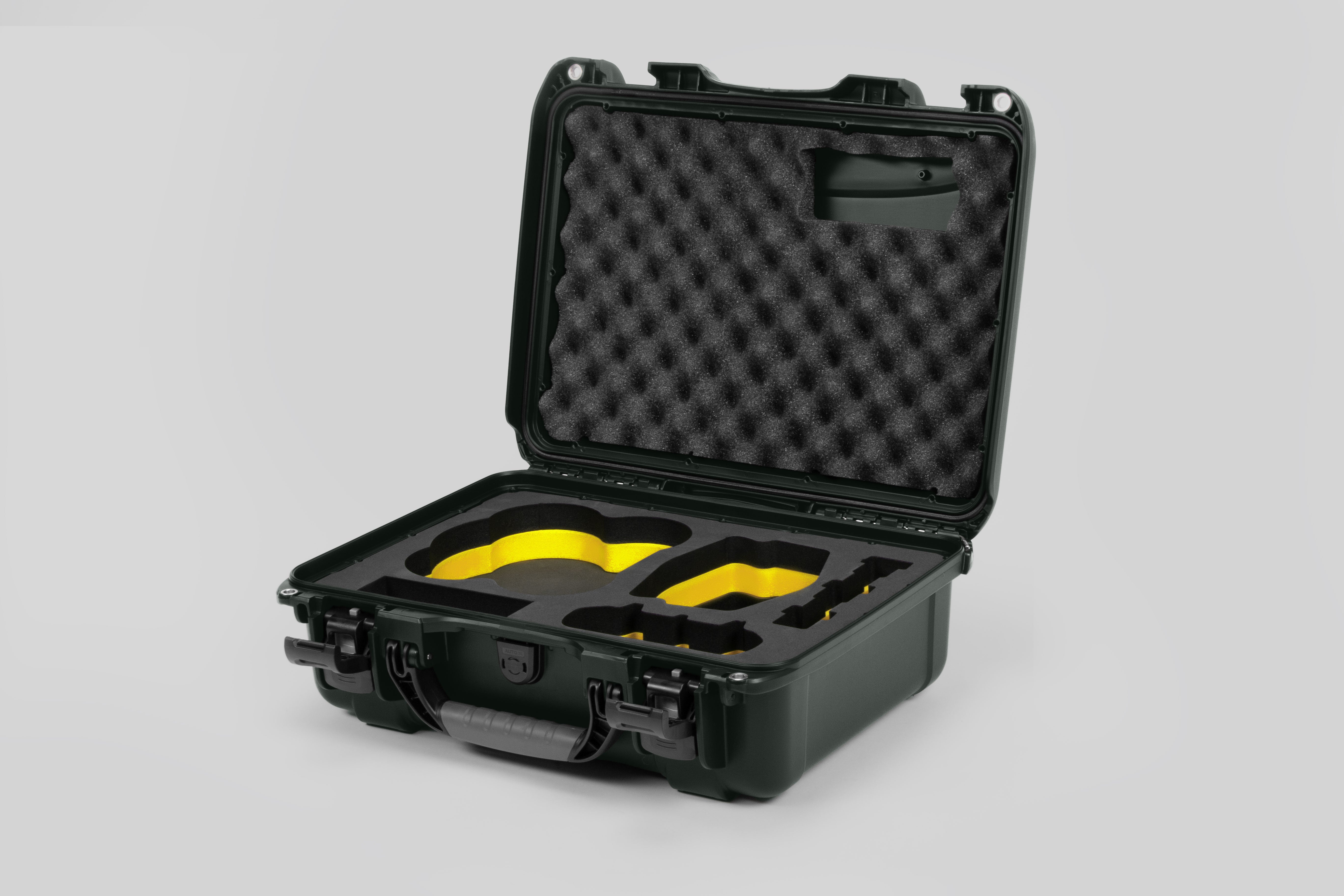 Angled view of DJI Avata 2 Fly More Combo Olive Color Waterproof Hard Case and Custom Foam Insert with a Yellow Layer
