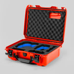 Angled view of DJI Avata 2 Fly More Combo Orange Color Waterproof Hard Case and Custom Foam Insert with a Blue Layer