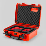 Angled view of DJI Avata 2 Fly More Combo Orange Color Waterproof Hard Case and Custom Foam Insert with a Red Layer