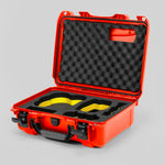 Angled view of DJI Avata 2 Fly More Combo Orange Color Waterproof Hard Case and Custom Foam Insert with a Yellow Layer