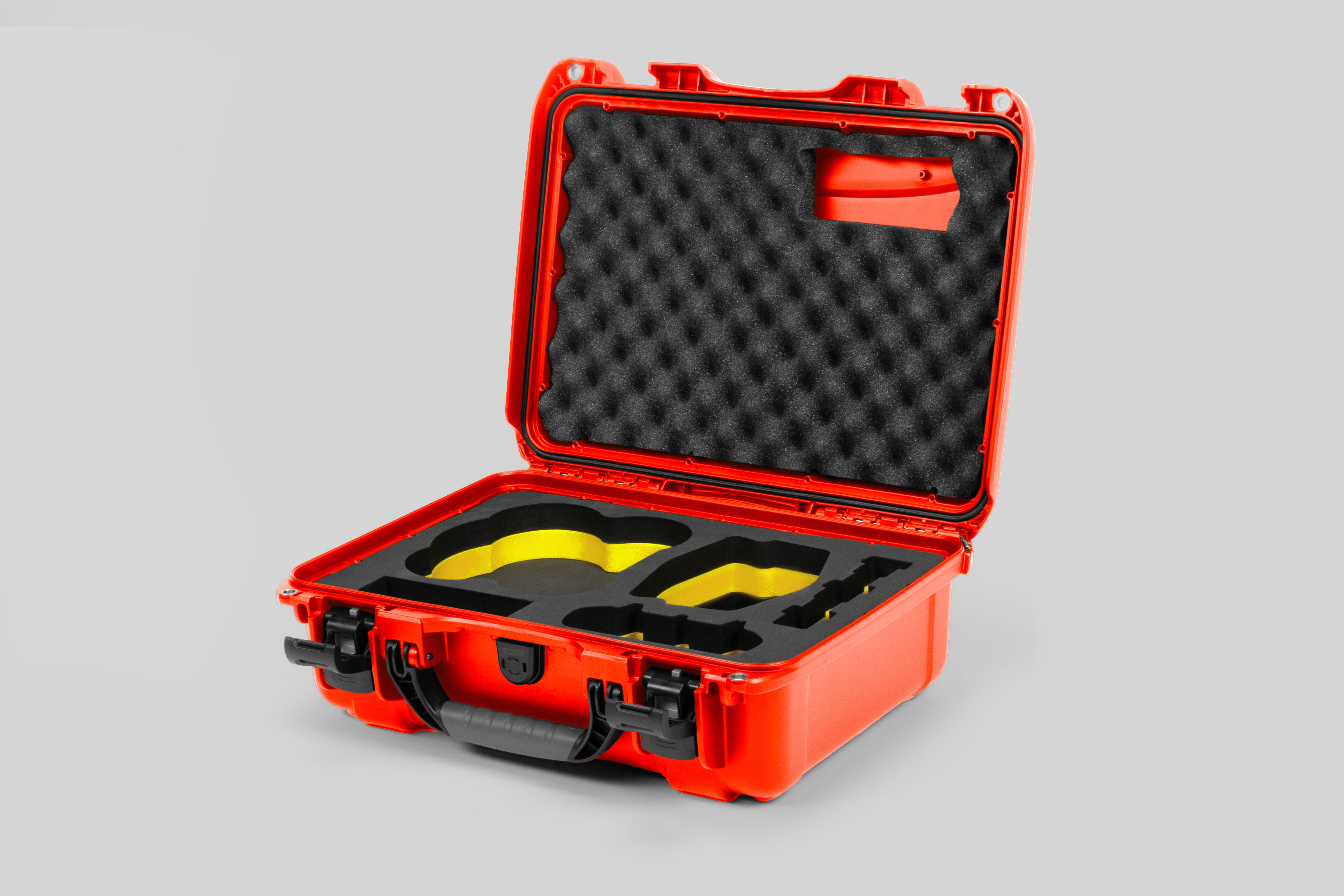 Angled view of DJI Avata 2 Fly More Combo Orange Color Waterproof Hard Case and Custom Foam Insert with a Yellow Layer